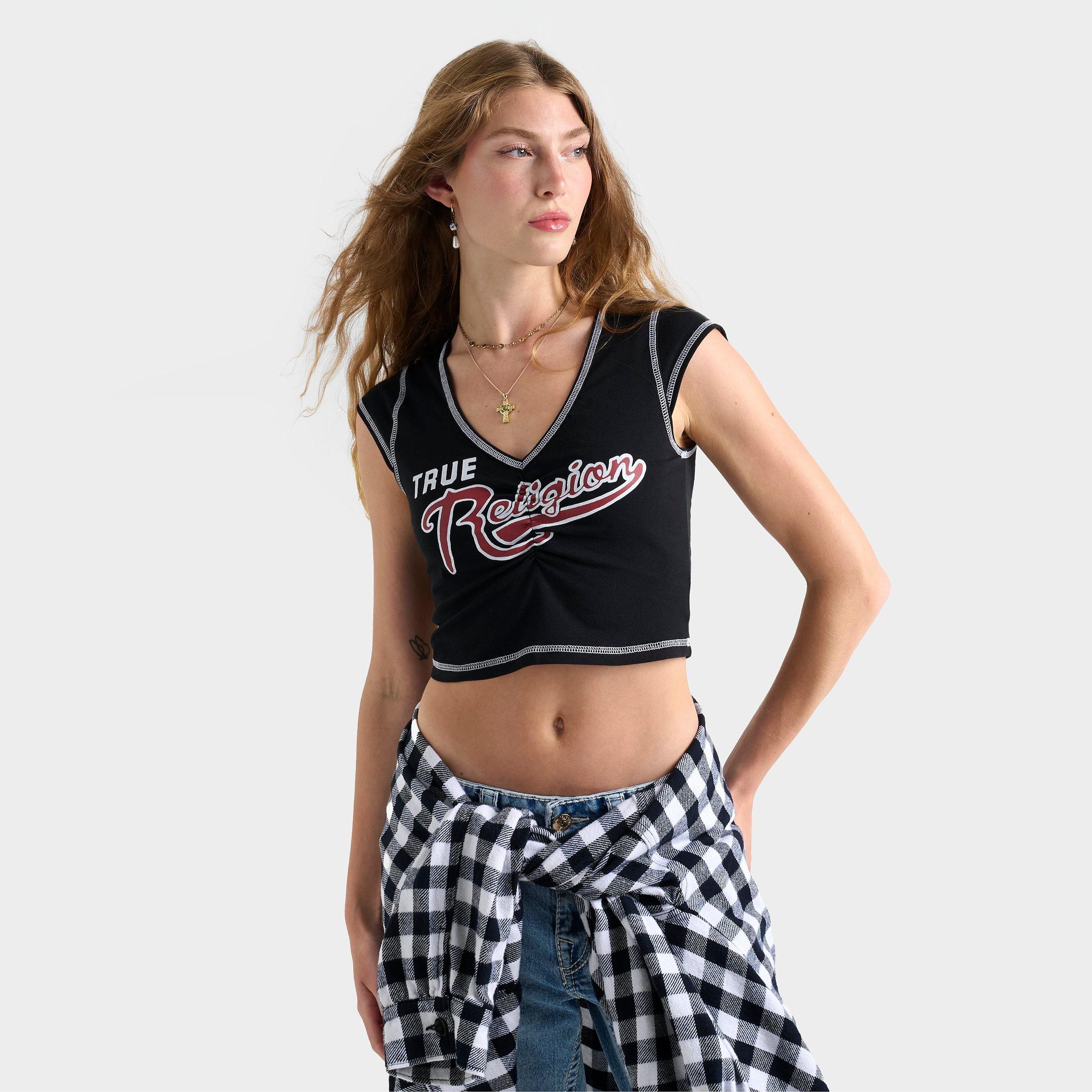 Women's True Religion Ruched Cap Sleeve Logo Baby T-Shirt