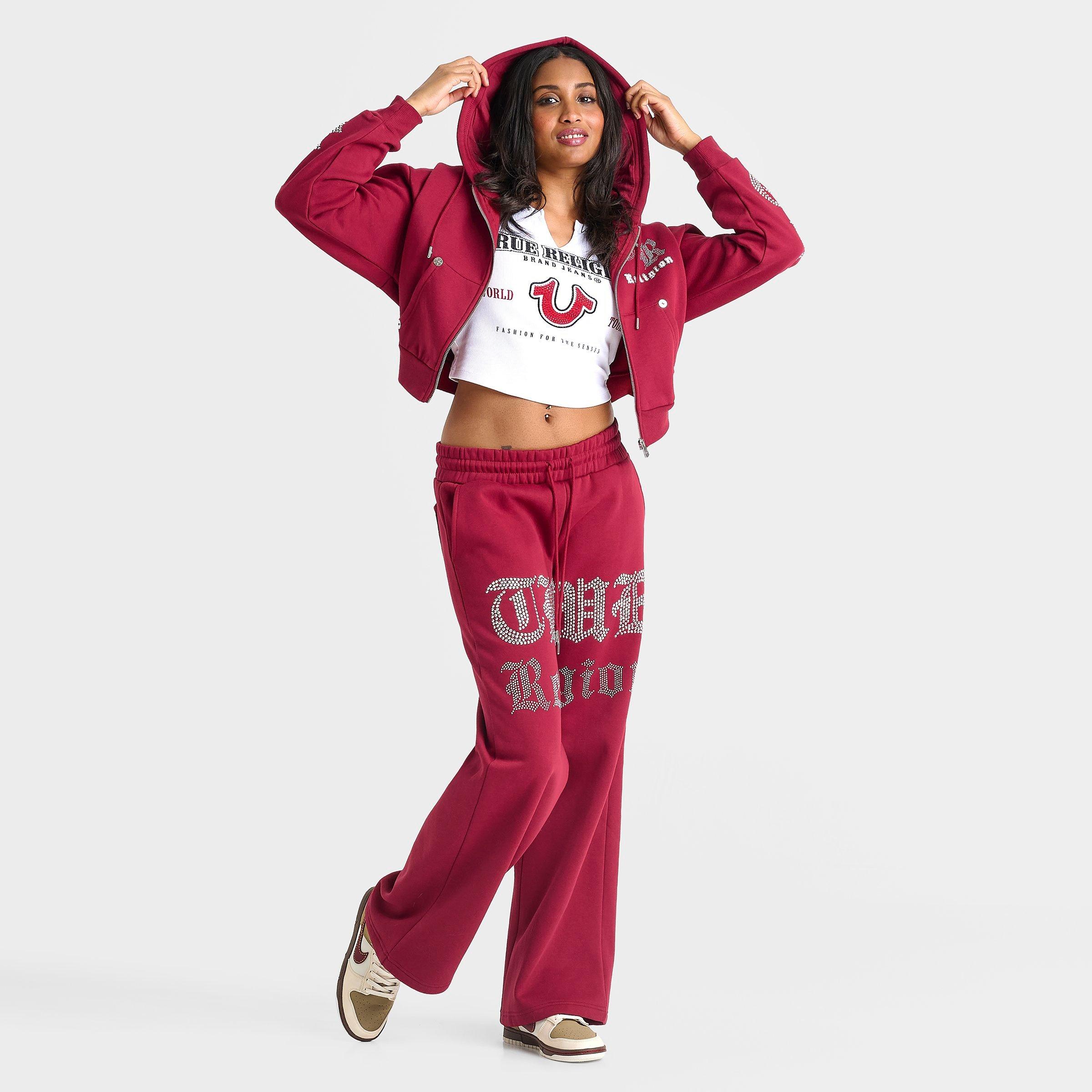 Women's True Religion Crystal Script Logo Shrunken Full-Zip Cropped Hoodie