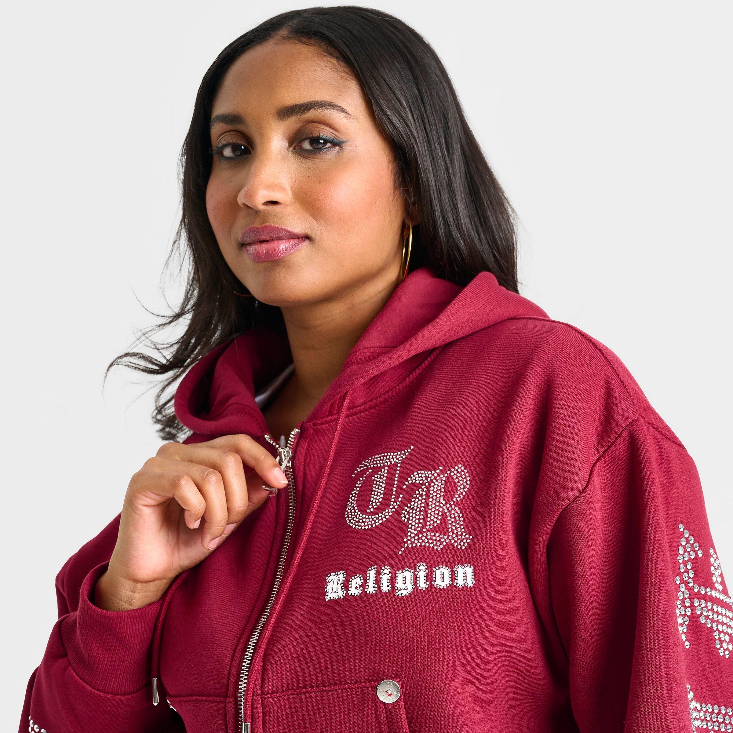 Women's True Religion Crystal Script Logo Shrunken Full-Zip Cropped Hoodie