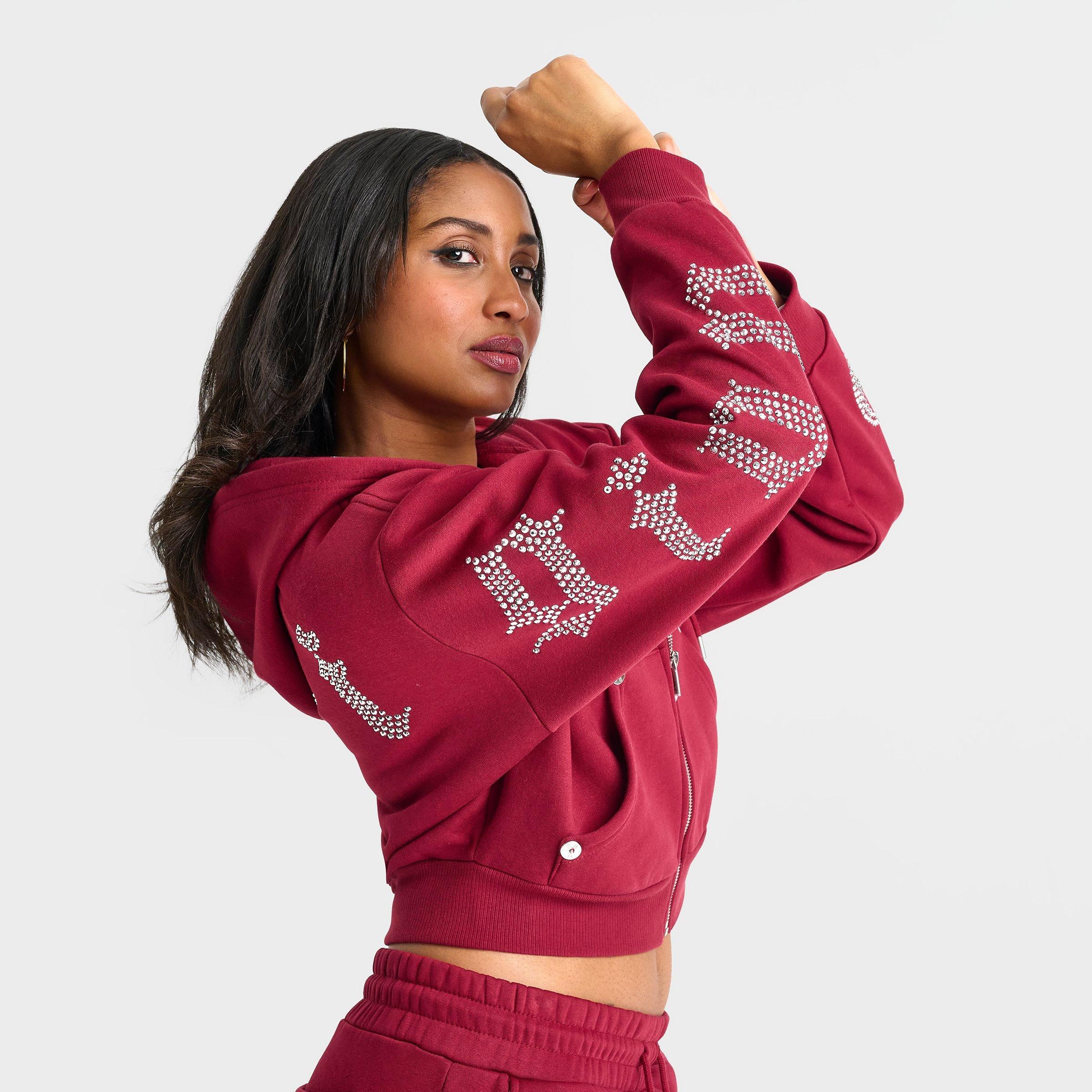Women's True Religion Crystal Script Logo Shrunken Full-Zip Cropped Hoodie