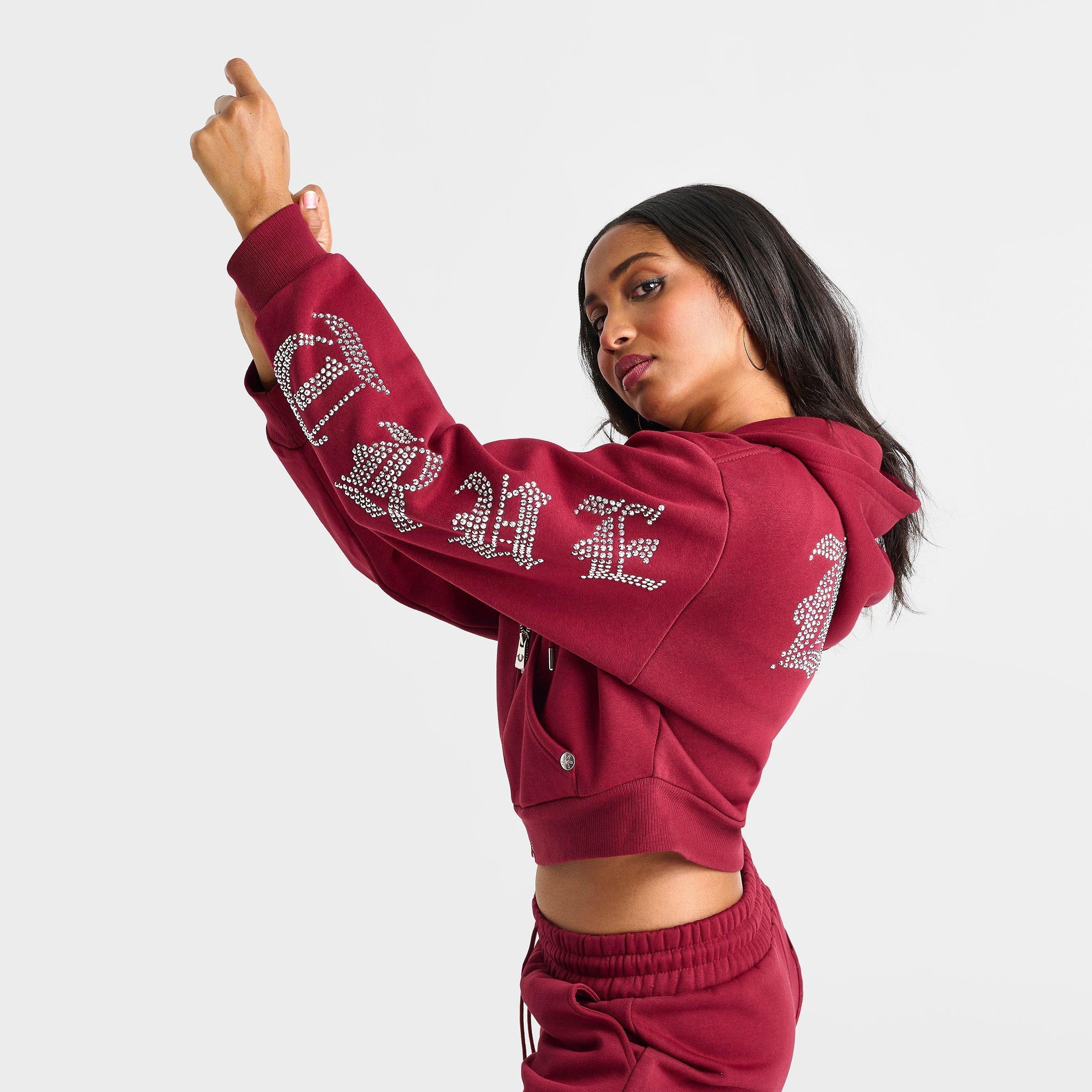 Women's True Religion Crystal Script Logo Shrunken Full-Zip Cropped Hoodie