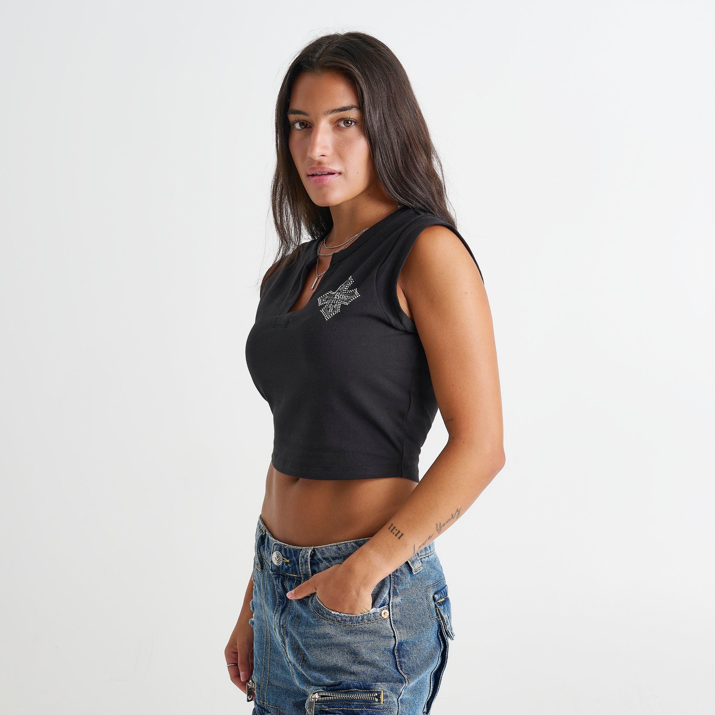 Women's True Religion Crystal Cross Logo Crest Baby T-Shirt
