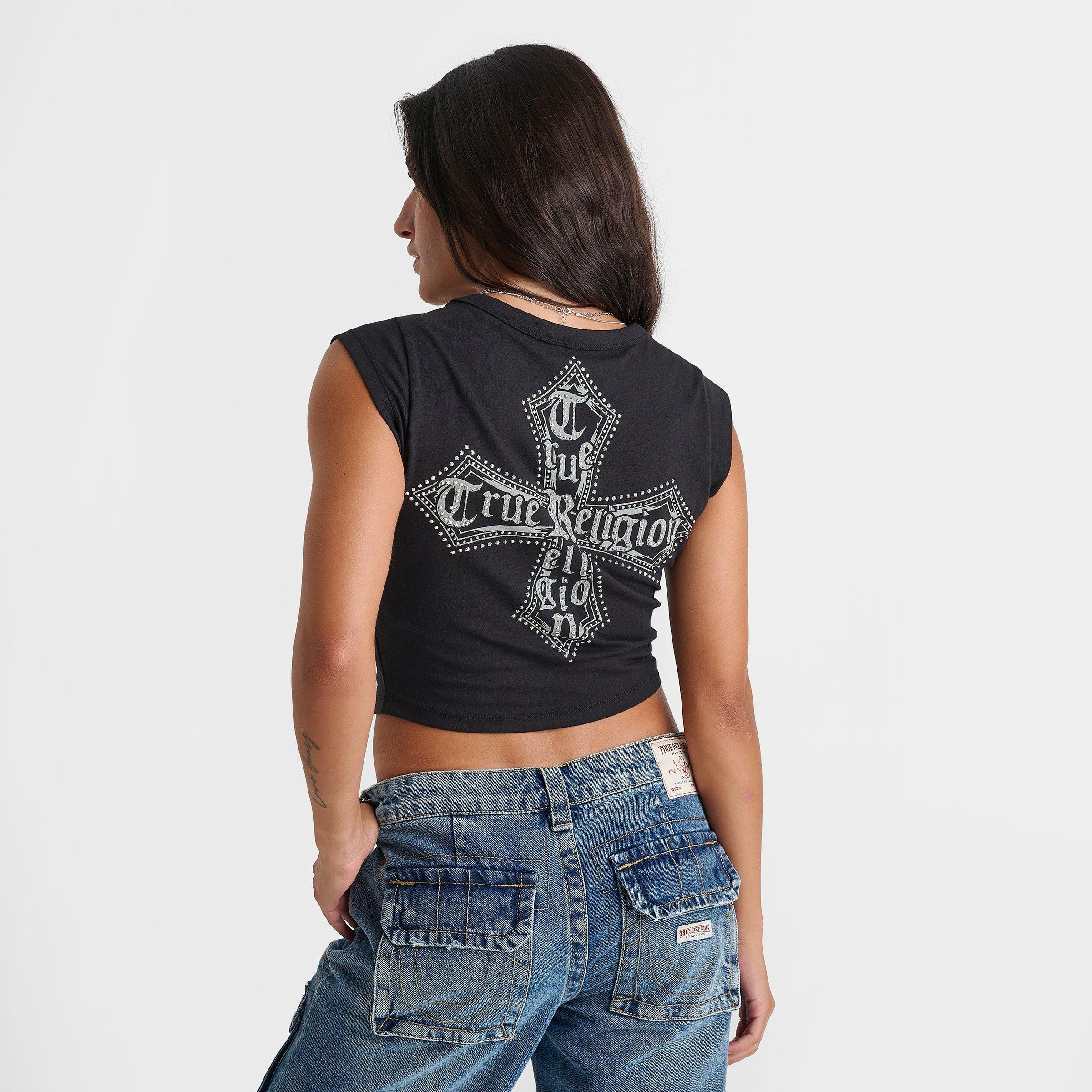 Women's True Religion Crystal Cross Logo Crest Baby T-Shirt