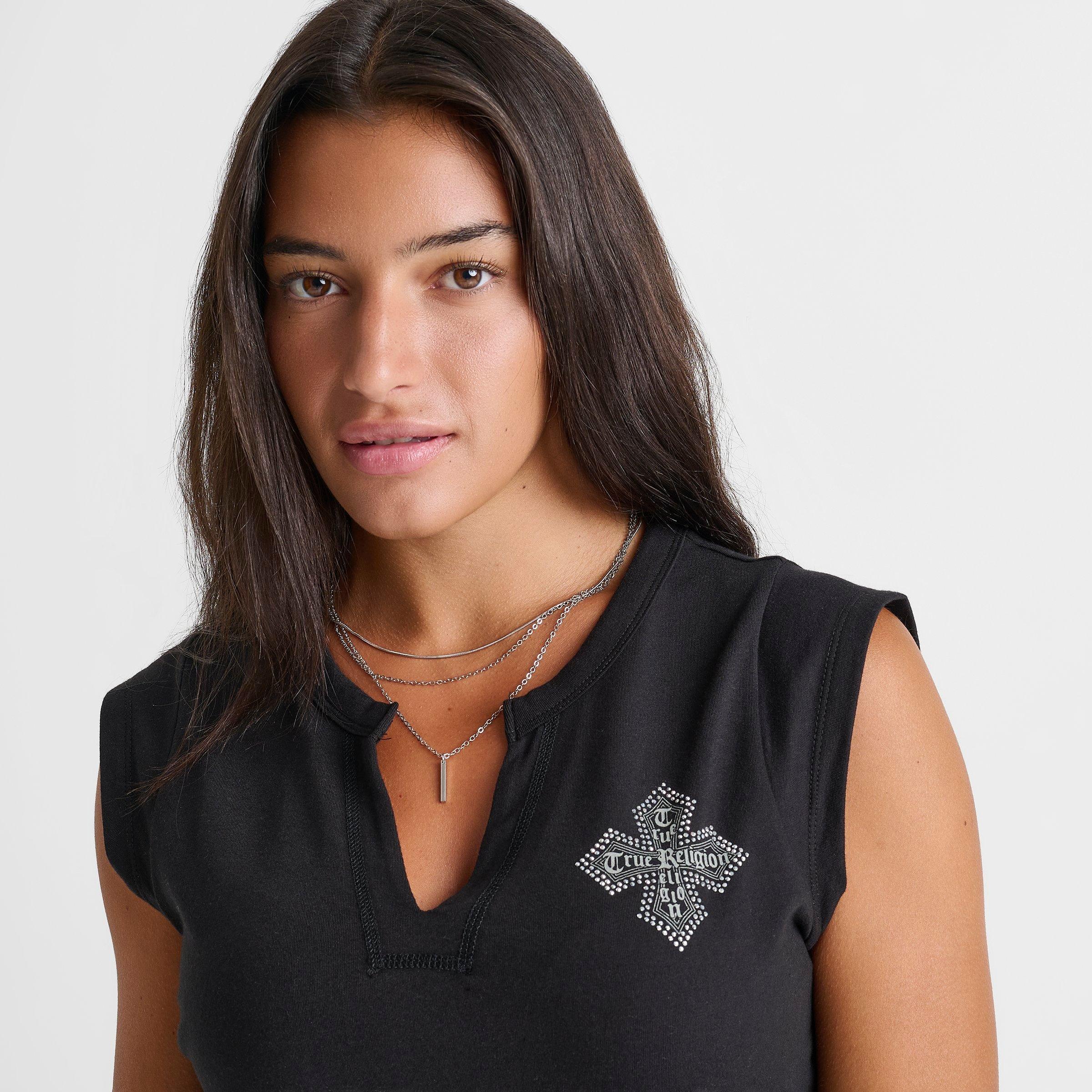 Women's True Religion Crystal Cross Logo Crest Baby T-Shirt