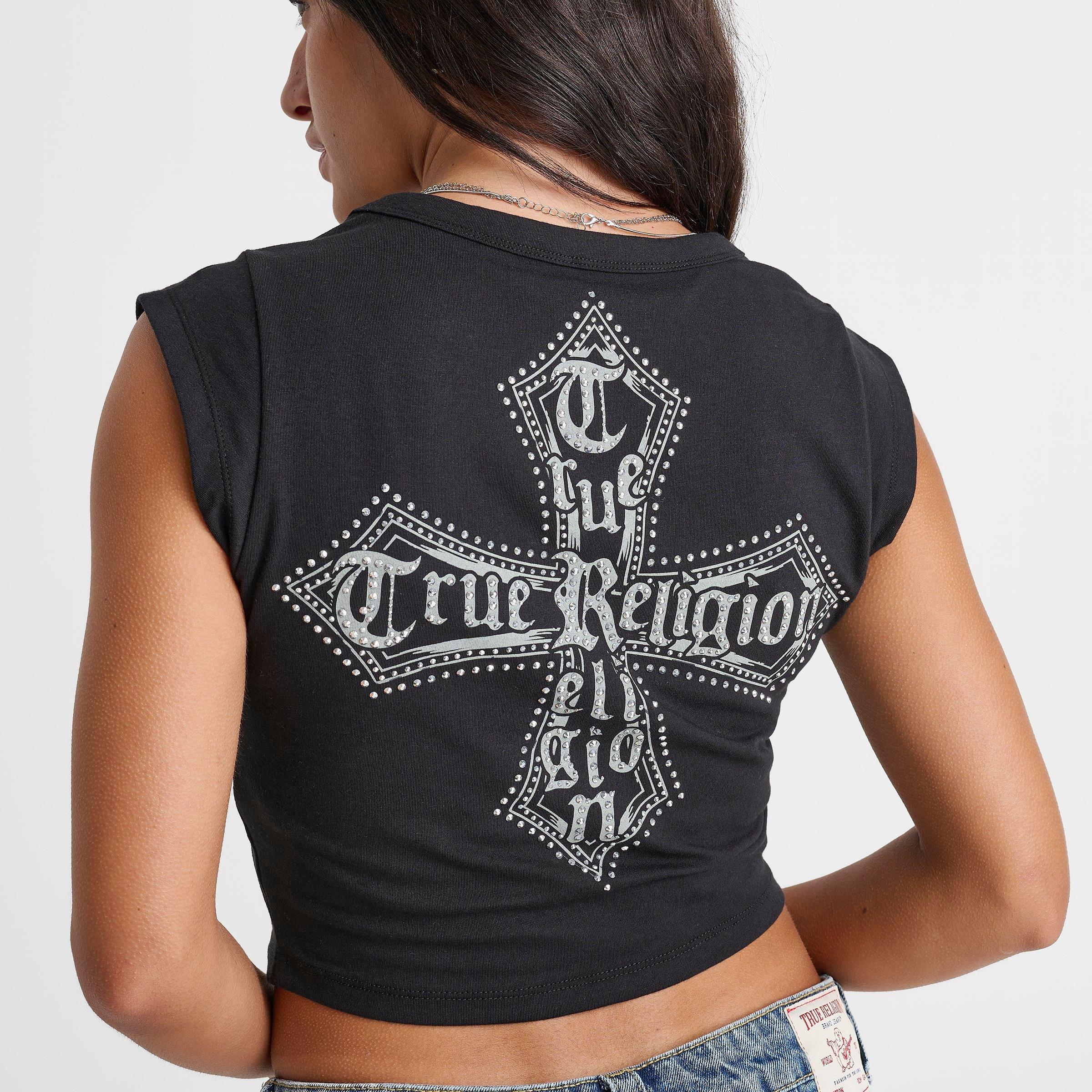 Women's True Religion Crystal Cross Logo Crest Baby T-Shirt