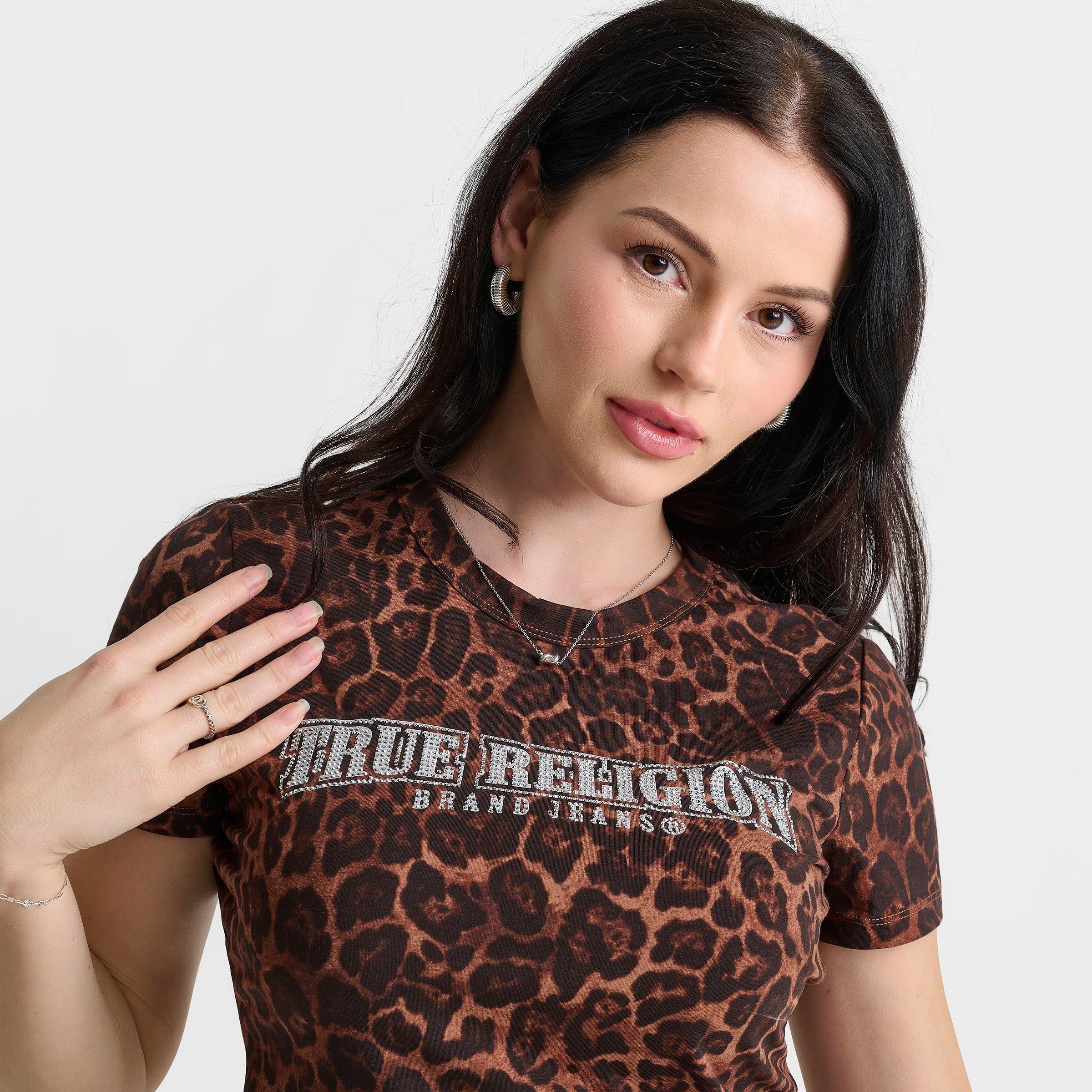 Women's True Religion Leopard Crystal Logo Baby T-Shirt