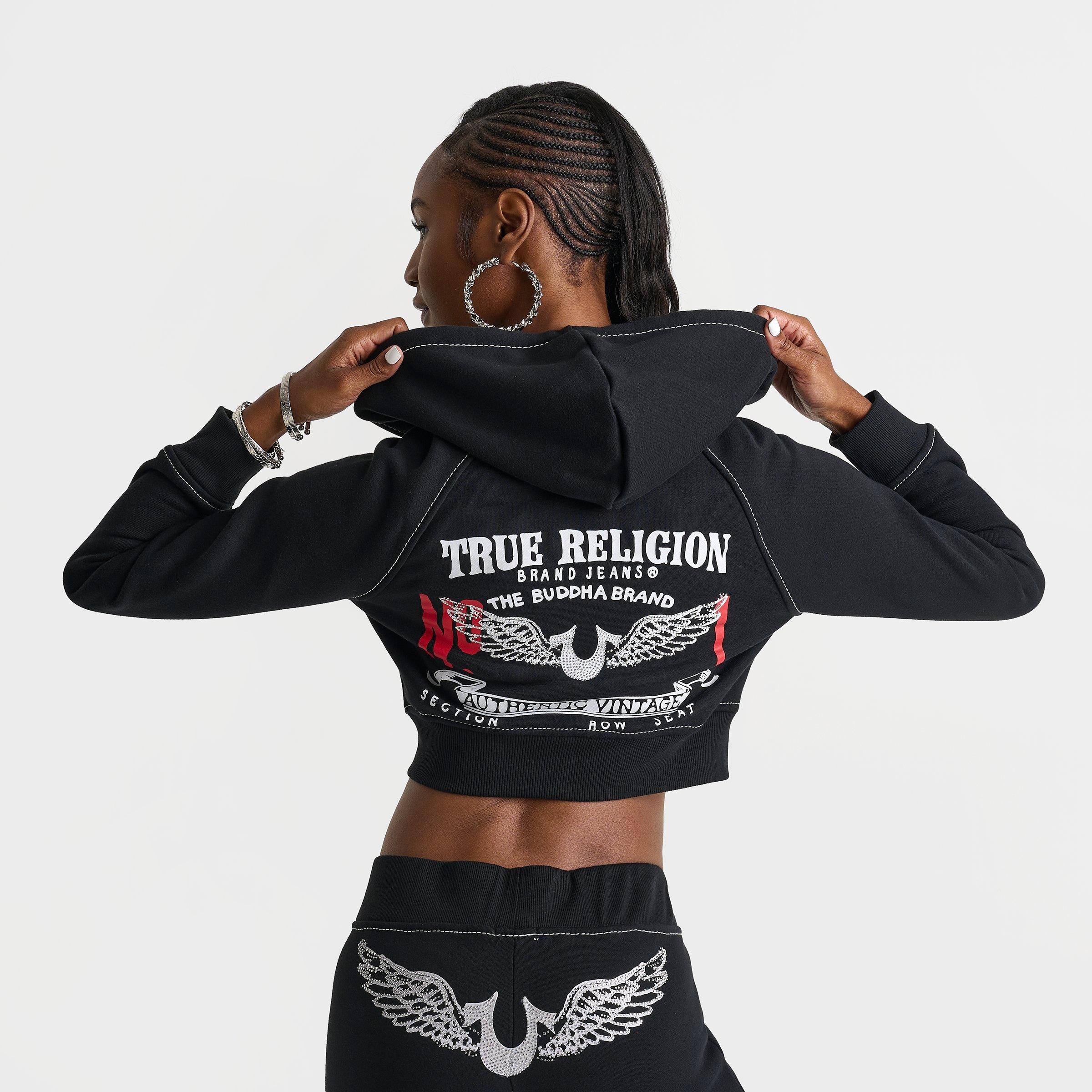 Women's True Religion Crystal Wing Shrunken Full-Zip Cropped Hoodie