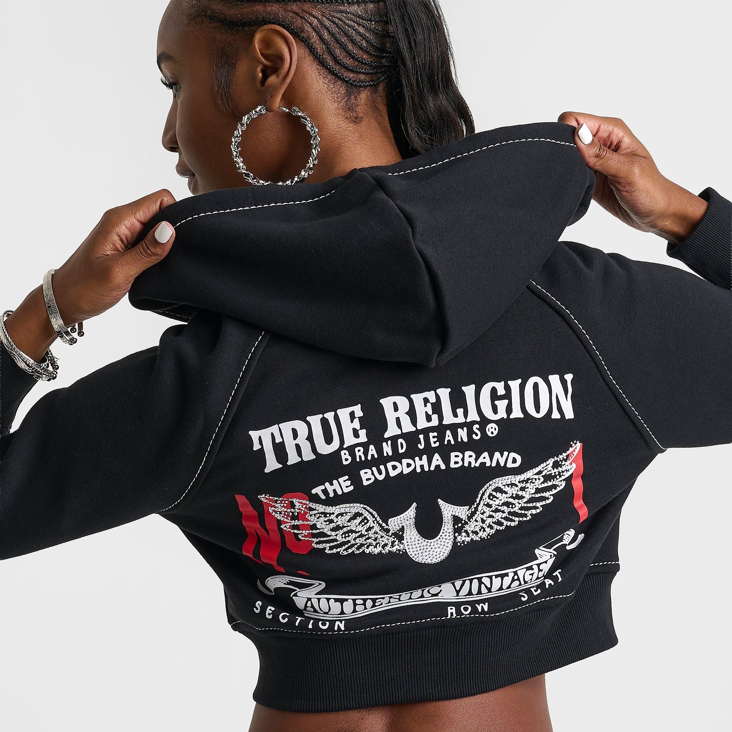 Women's True Religion Crystal Wing Shrunken Full-Zip Cropped Hoodie