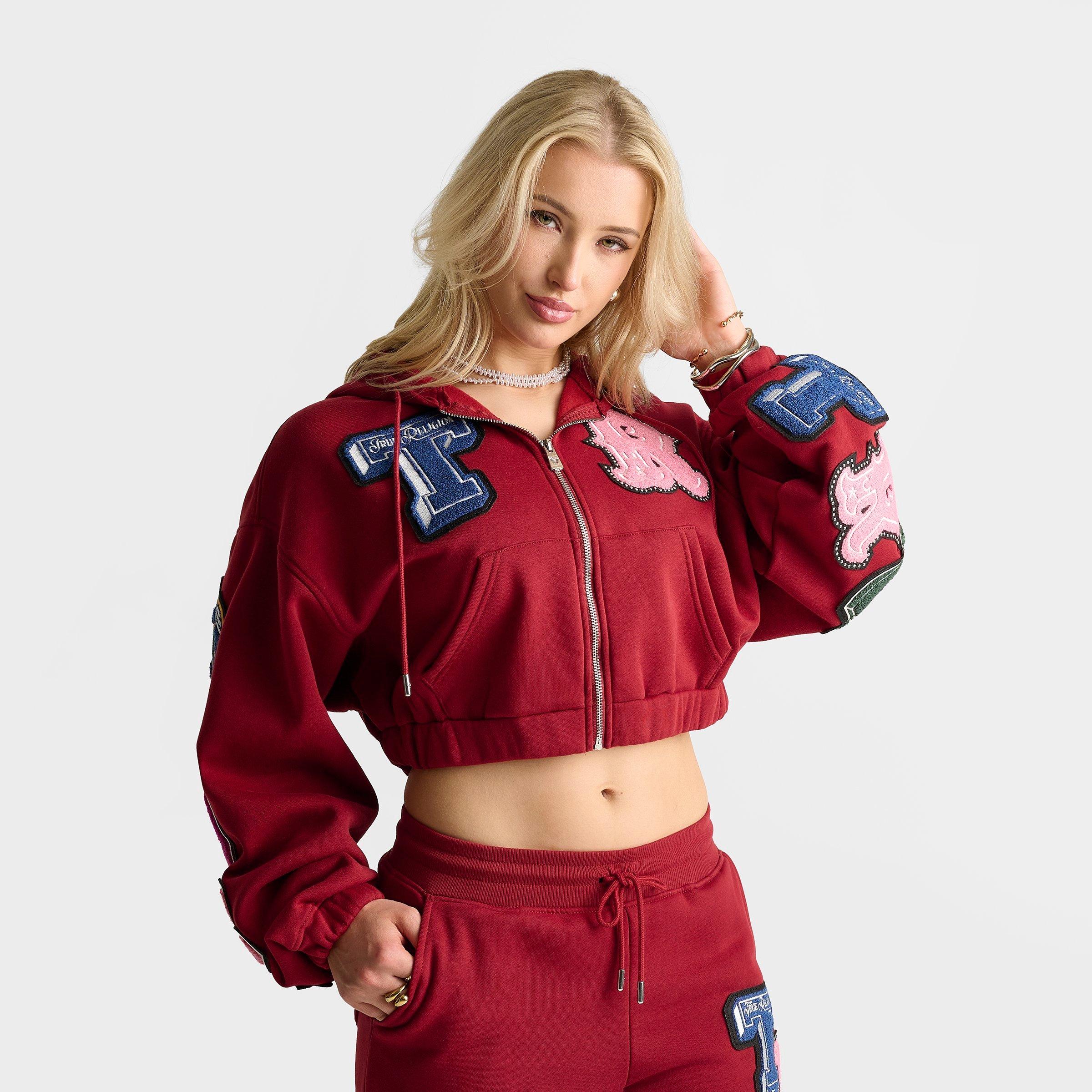 Women's True Religion Crystal Patch Girlfriend Cropped Full-Zip Hoodie