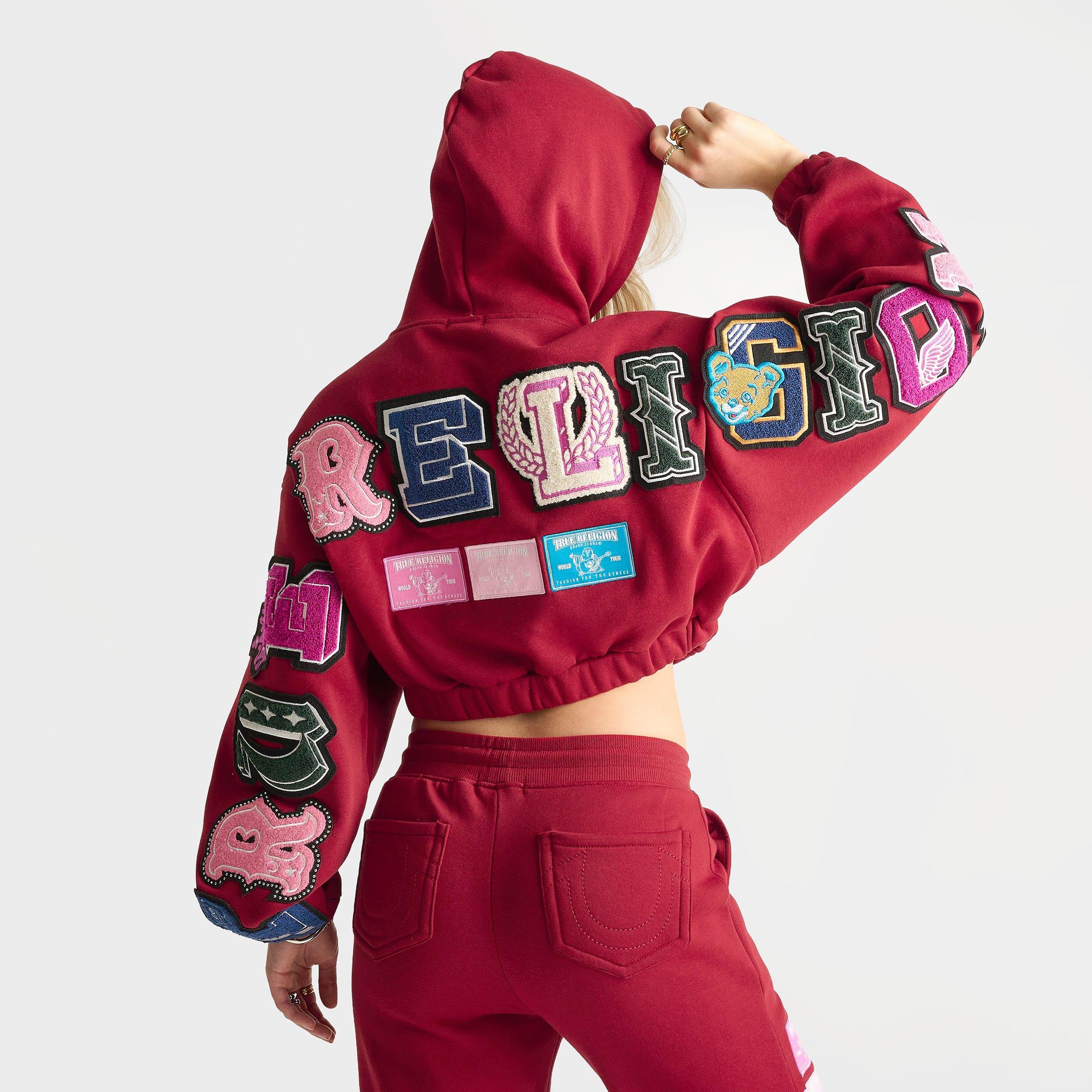 Women's True Religion Crystal Patch Girlfriend Cropped Full-Zip Hoodie