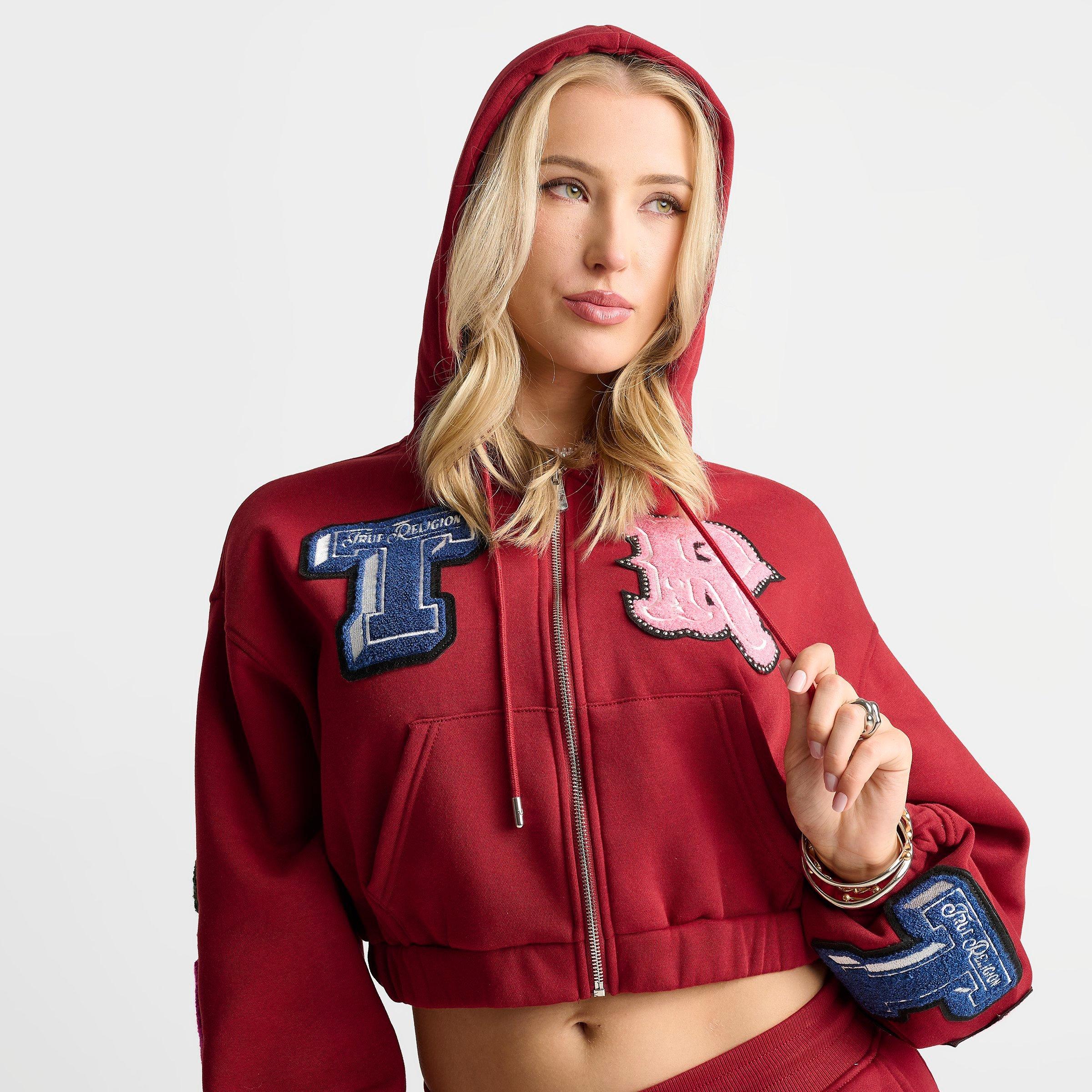 Women's True Religion Crystal Patch Girlfriend Cropped Full-Zip Hoodie