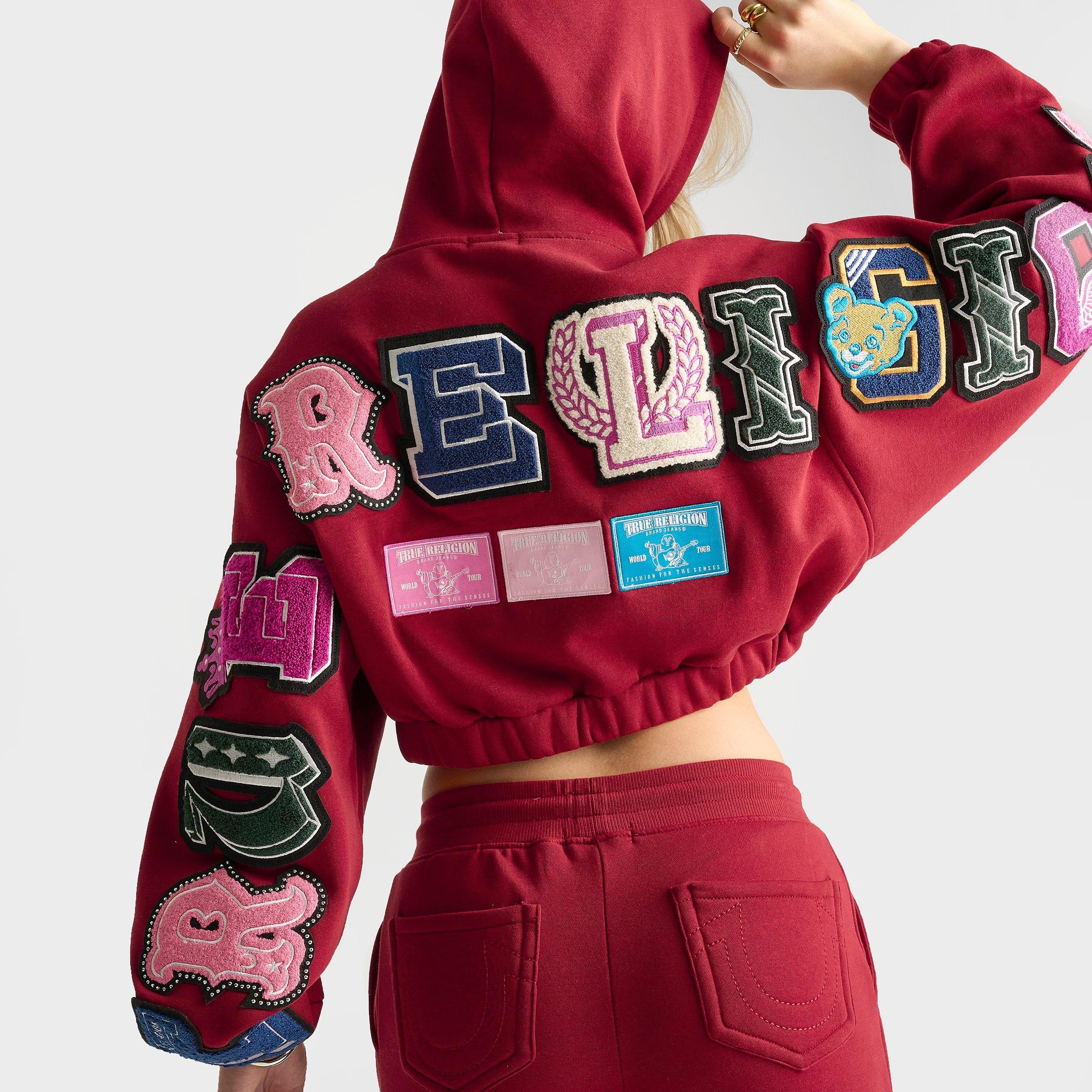 Women's True Religion Crystal Patch Girlfriend Cropped Full-Zip Hoodie