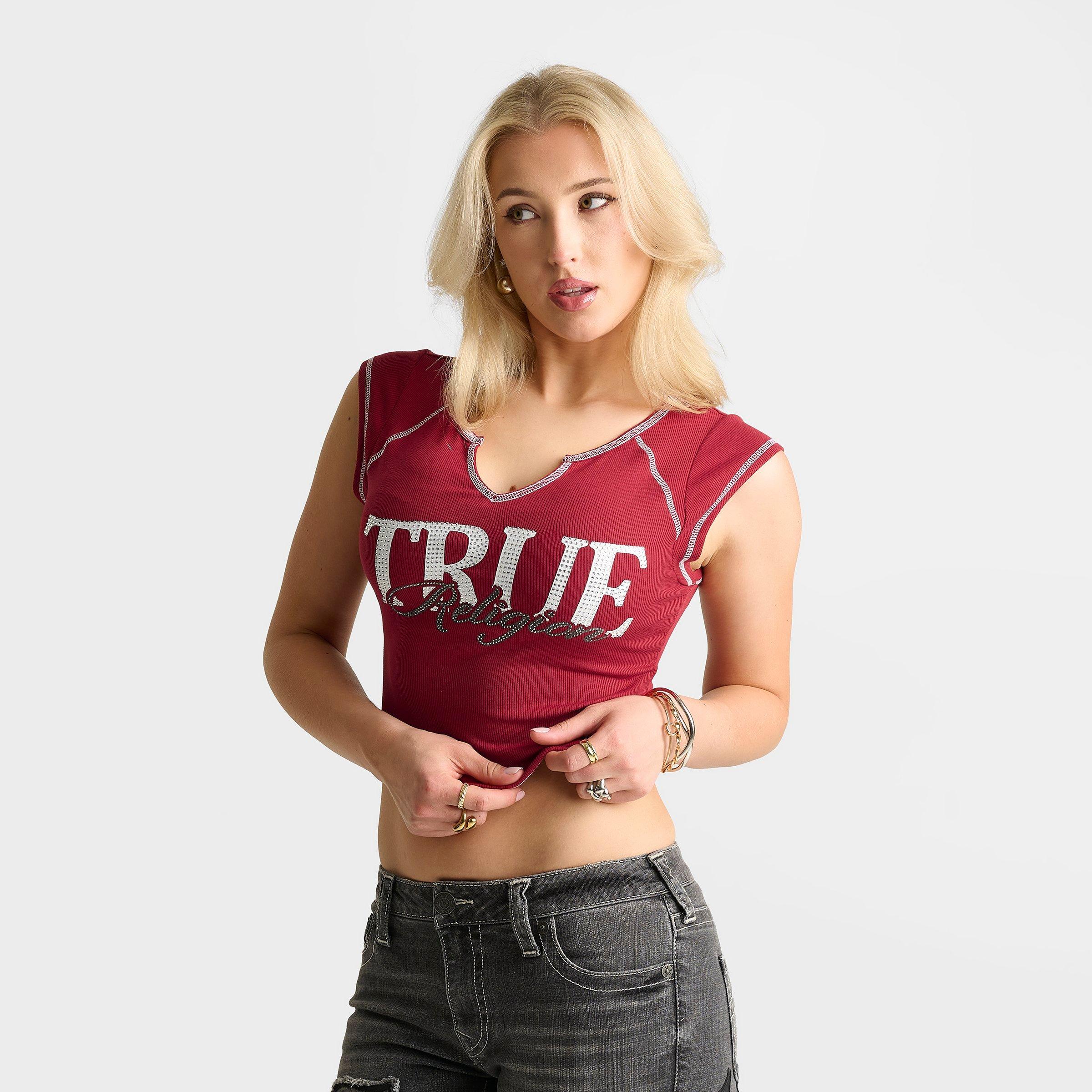 Women's True Religion Crystal Ribbed Notched Baby T-Shirt