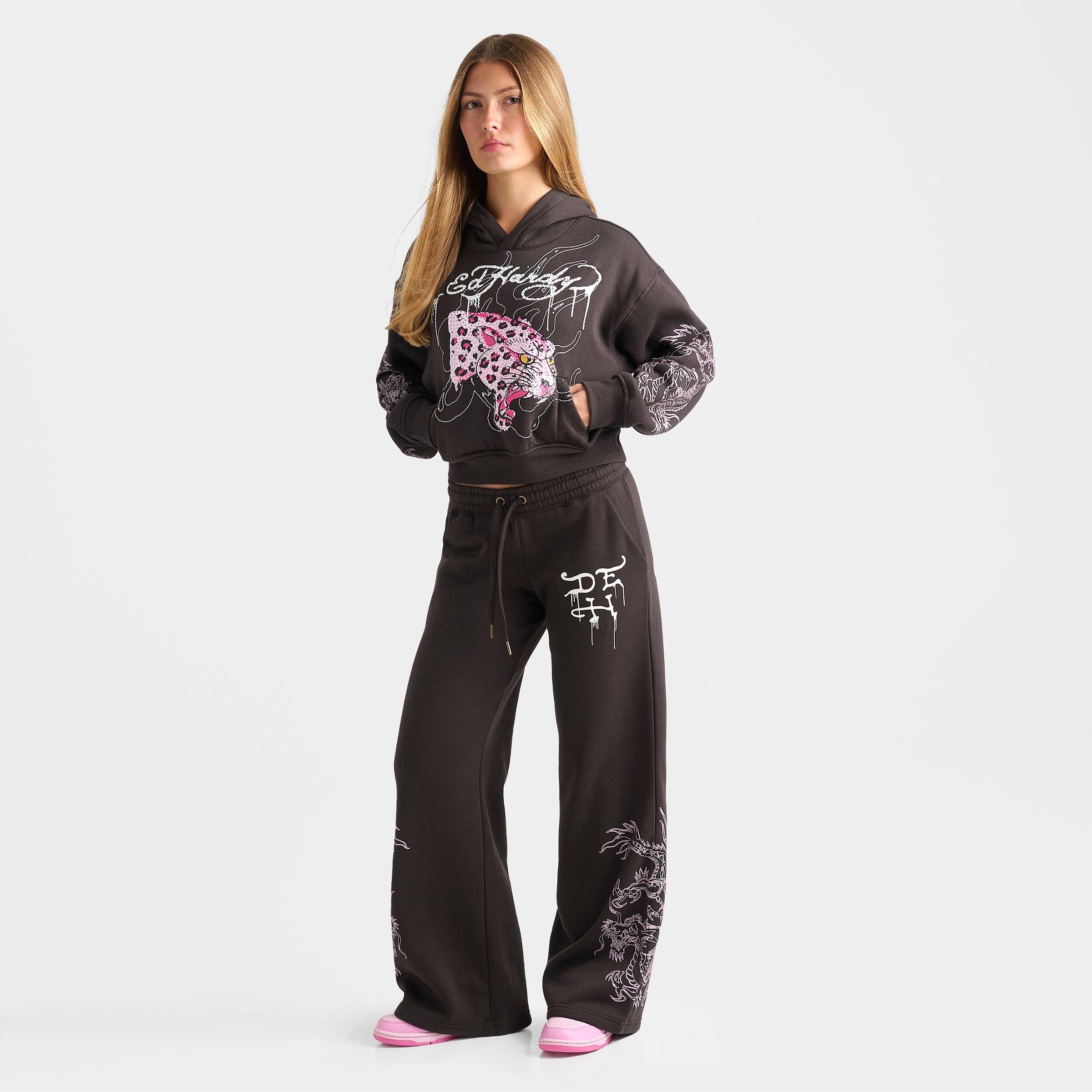 Women's Ed Hardy Leopard Rhinestone Cropped Pullover Hoodie