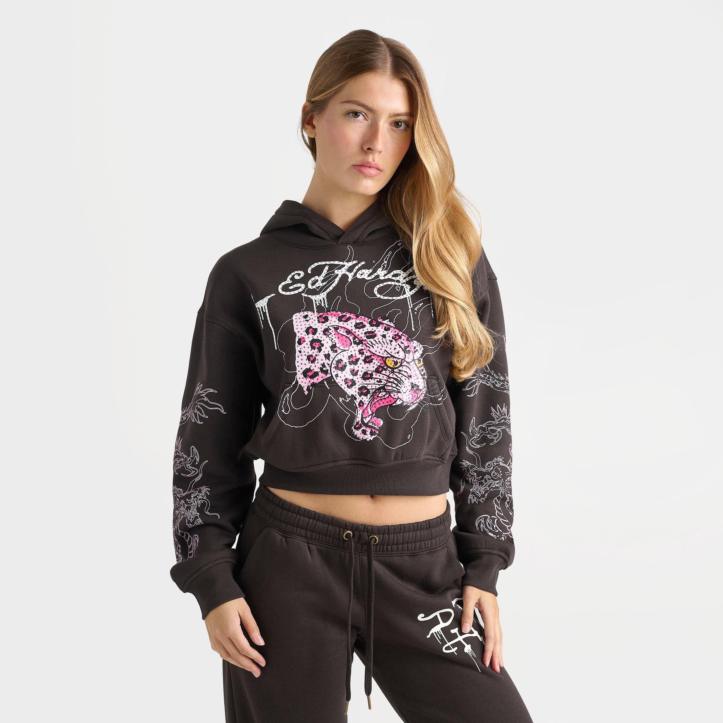 Women's Ed Hardy Leopard Rhinestone Cropped Pullover Hoodie