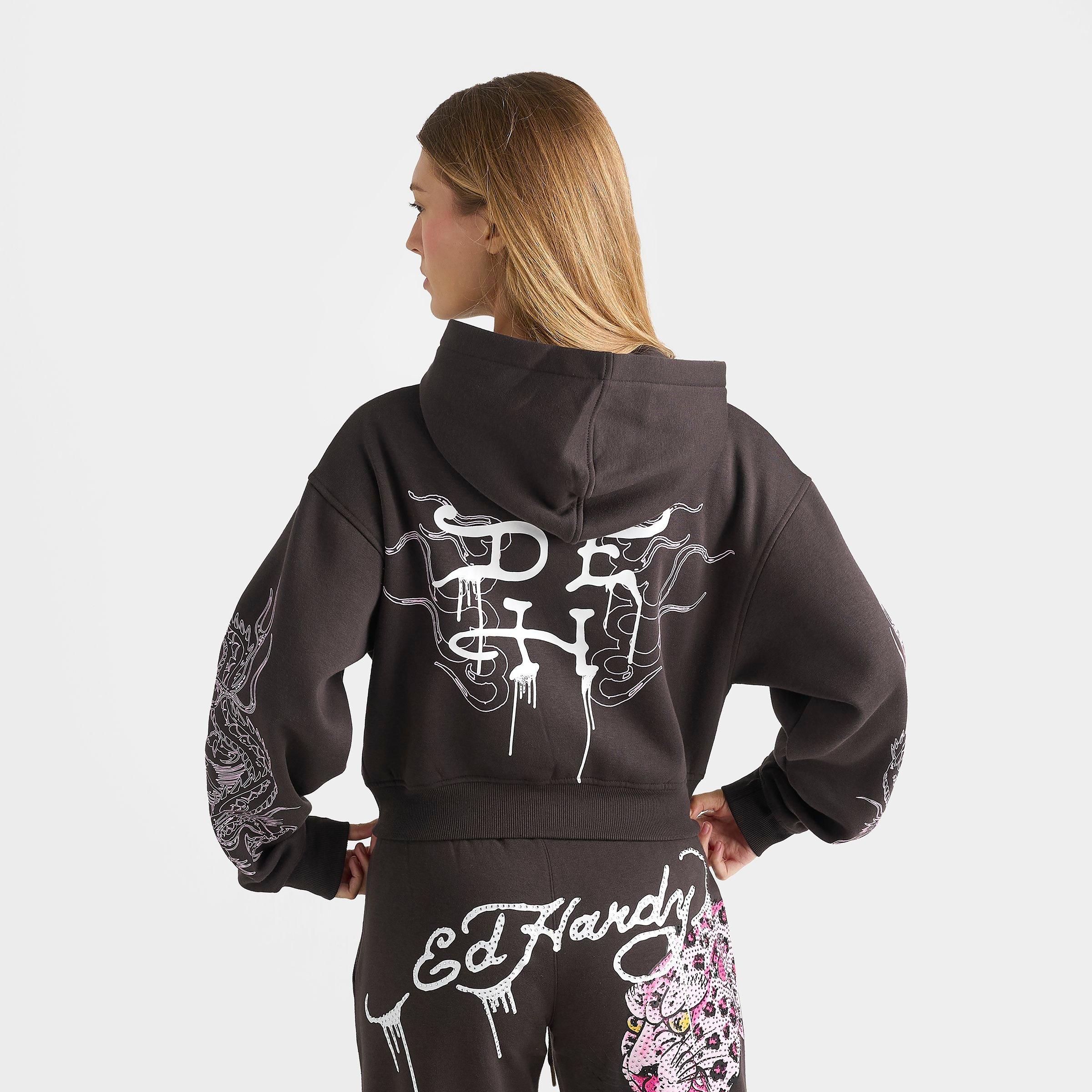 Women's Ed Hardy Leopard Rhinestone Cropped Pullover Hoodie