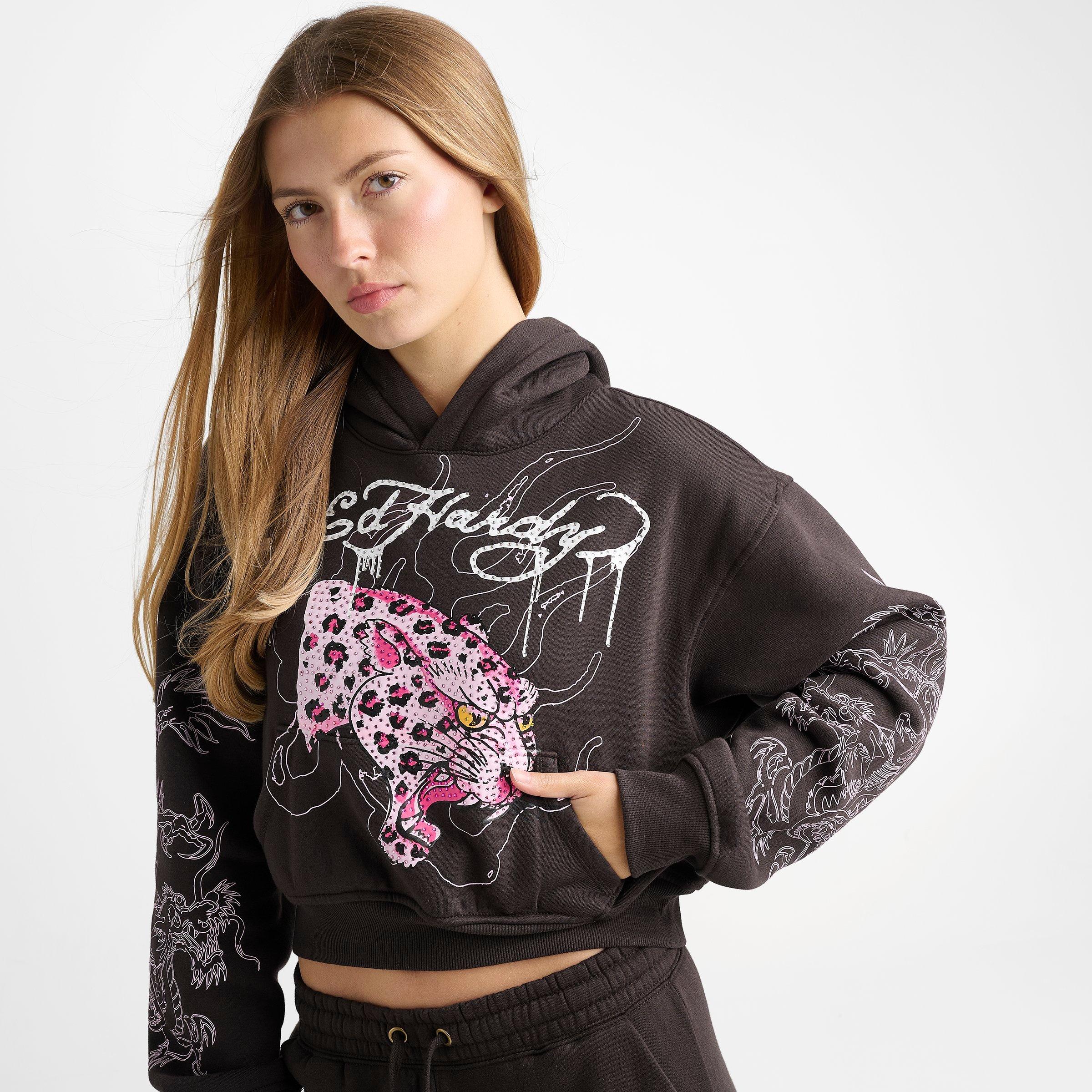 Women's Ed Hardy Leopard Rhinestone Cropped Pullover Hoodie