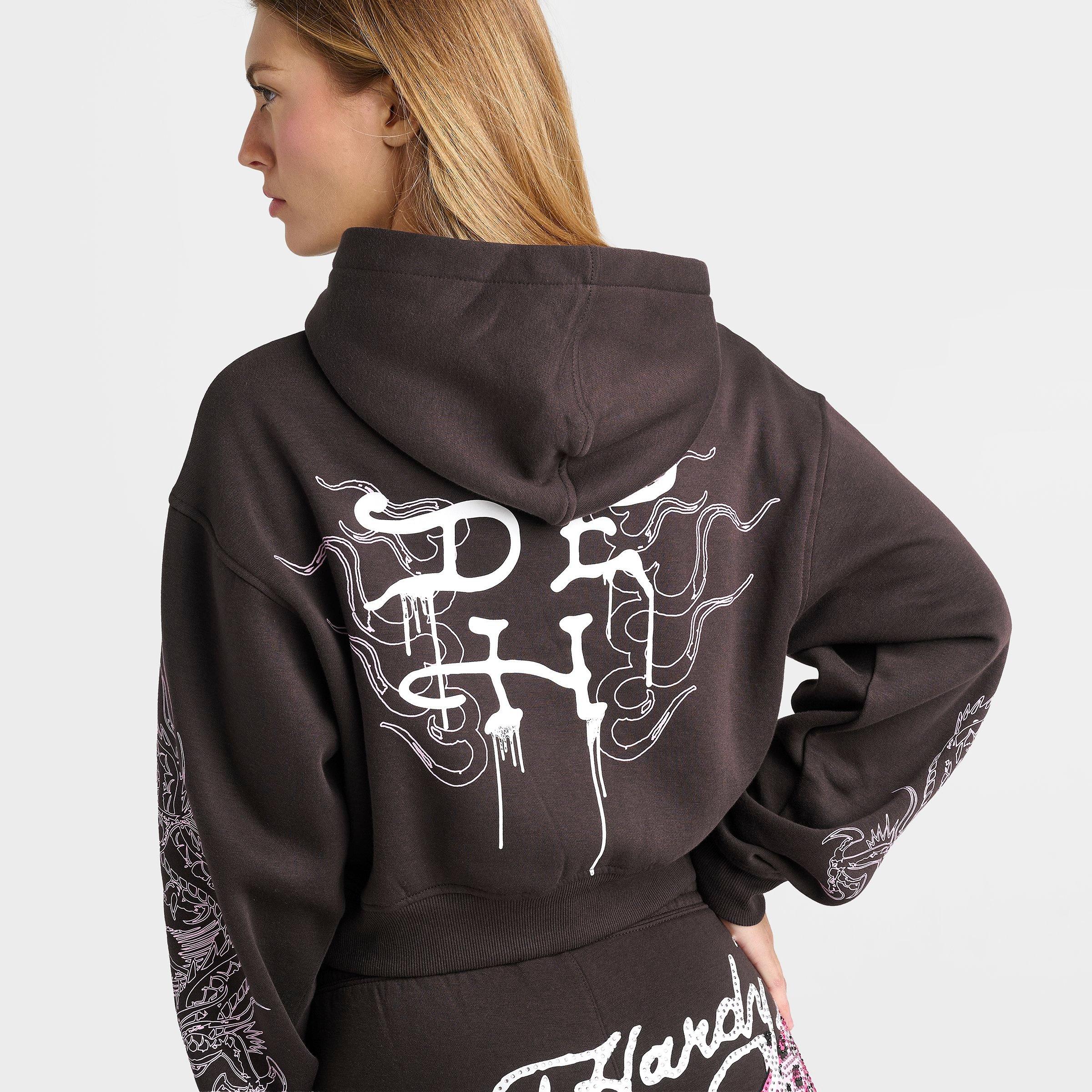 Women's Ed Hardy Leopard Rhinestone Cropped Pullover Hoodie