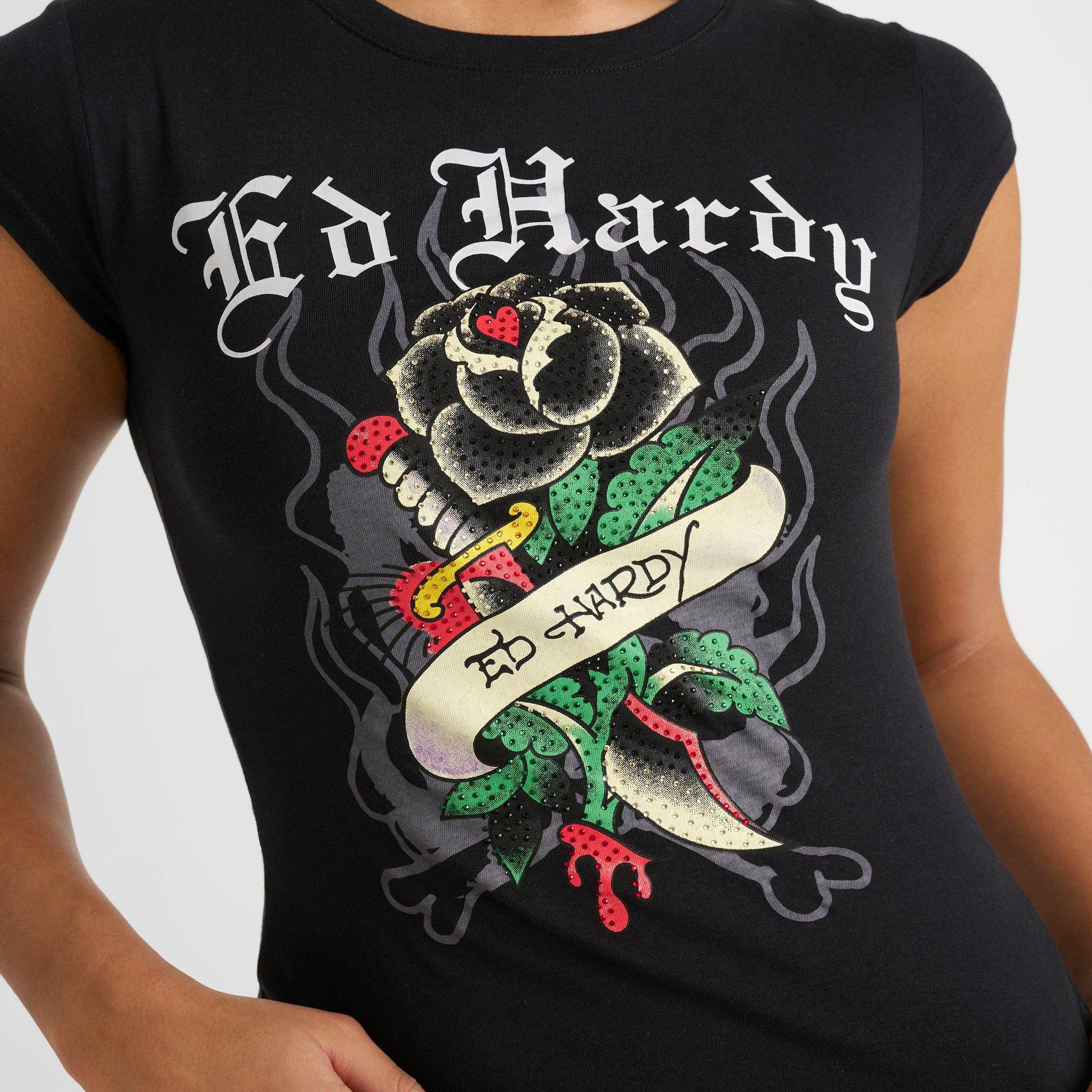 Women's Ed Hardy Black Rose Rhinestone Capped-Sleeve Baby T-Shirt