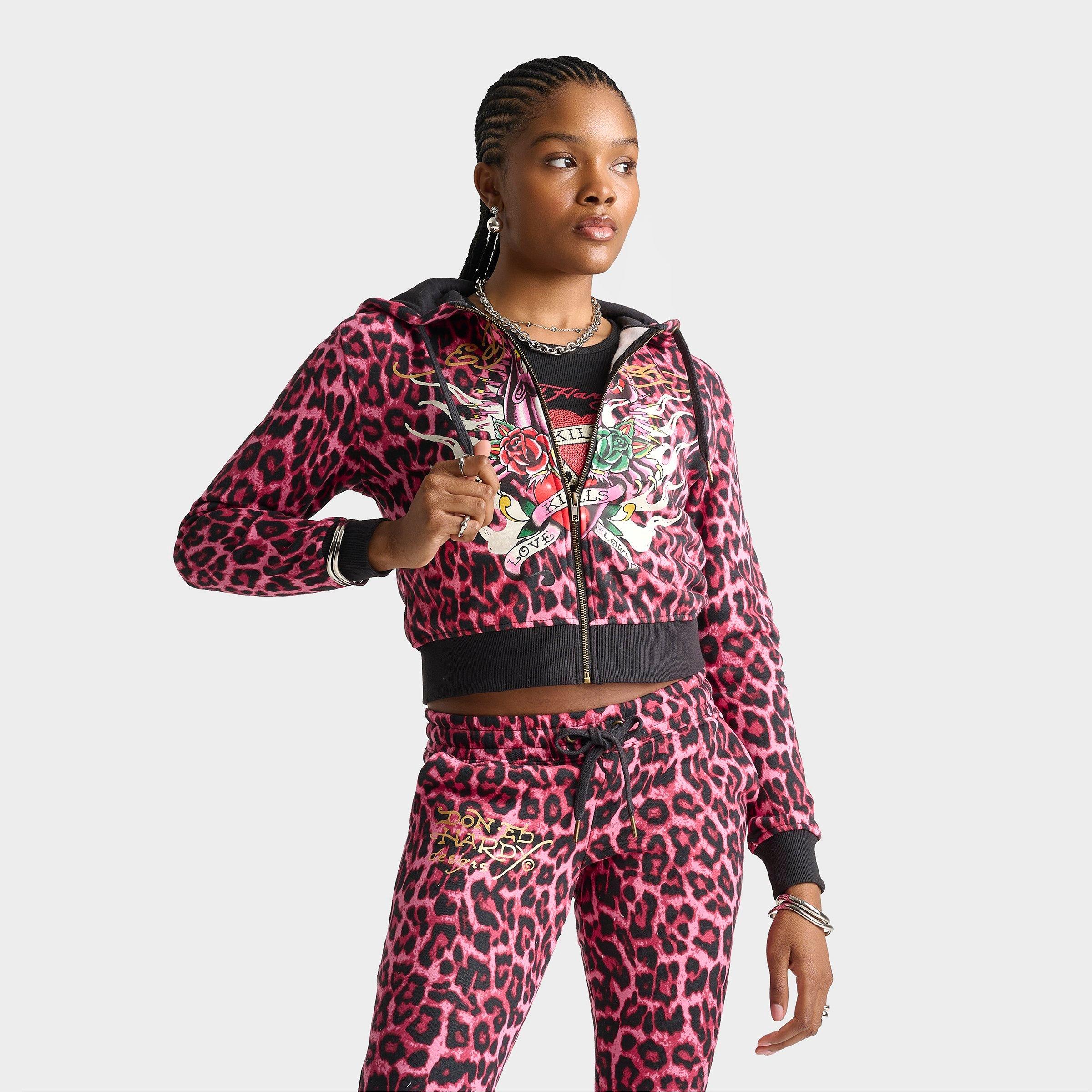 Women's Ed Hardy Pink Panther Leopard Relaxed Full-Zip Hoodie | JD