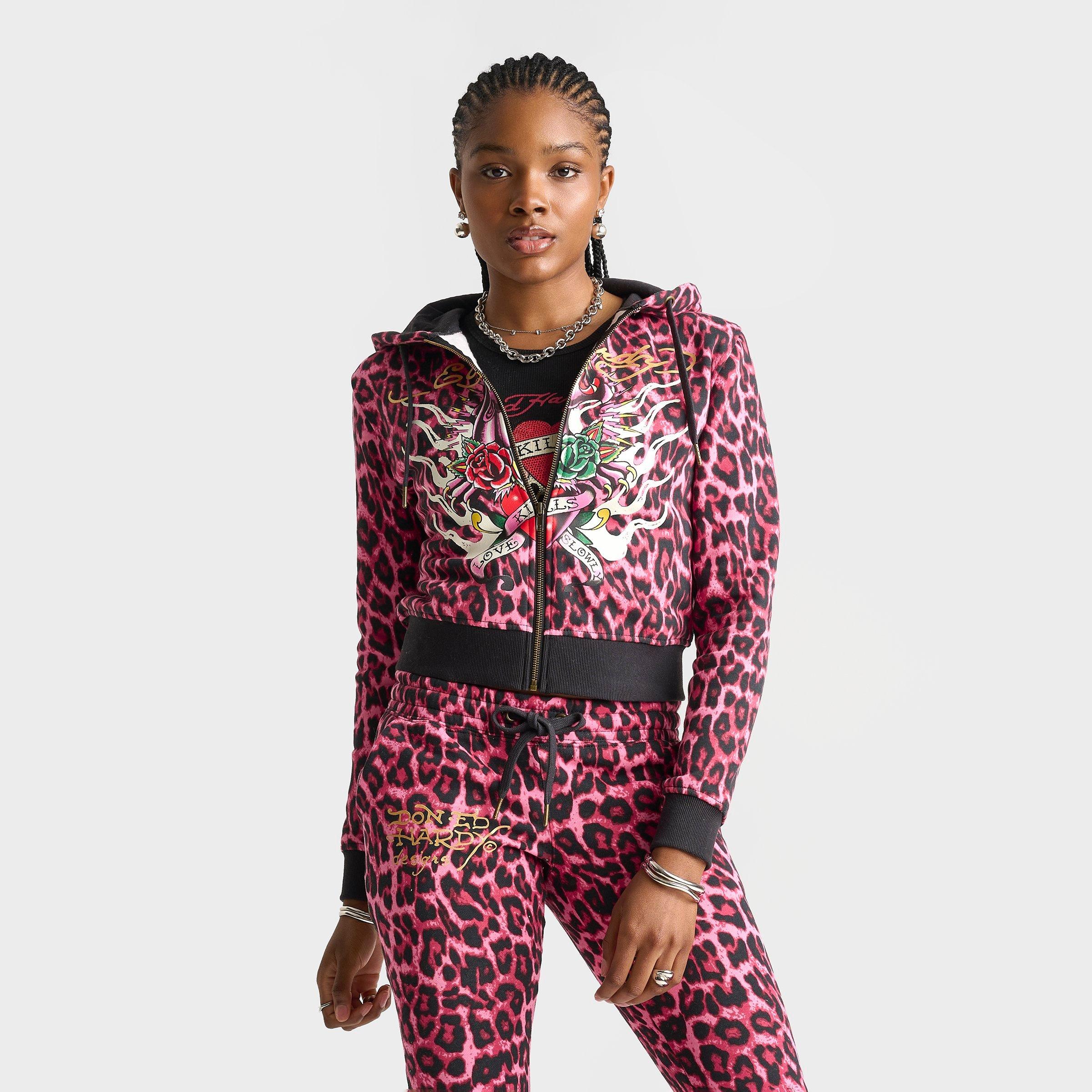 Women's Ed Hardy Pink Panther Leopard Relaxed Full-Zip Hoodie