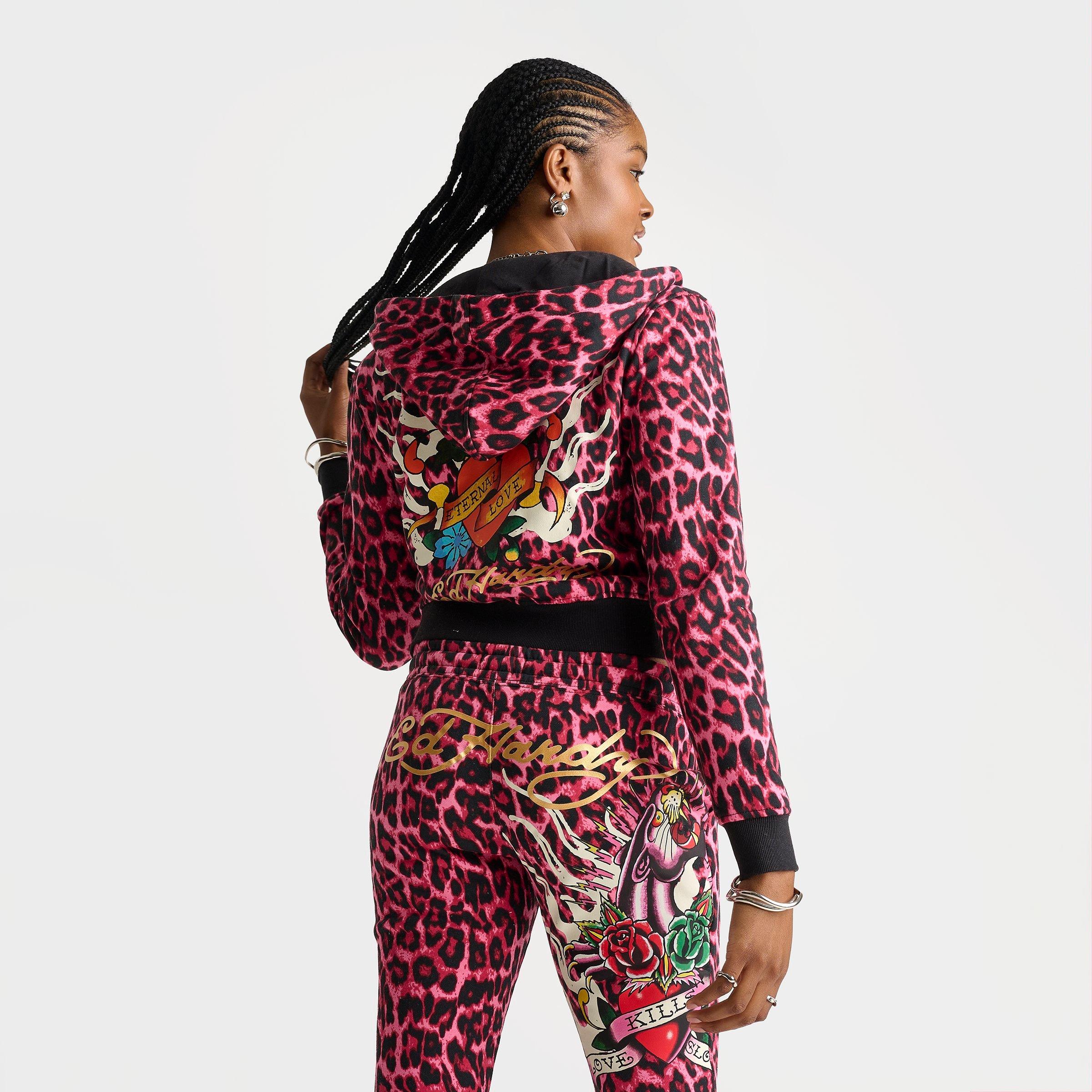 Women's Ed Hardy Pink Panther Leopard Relaxed Full-Zip Hoodie