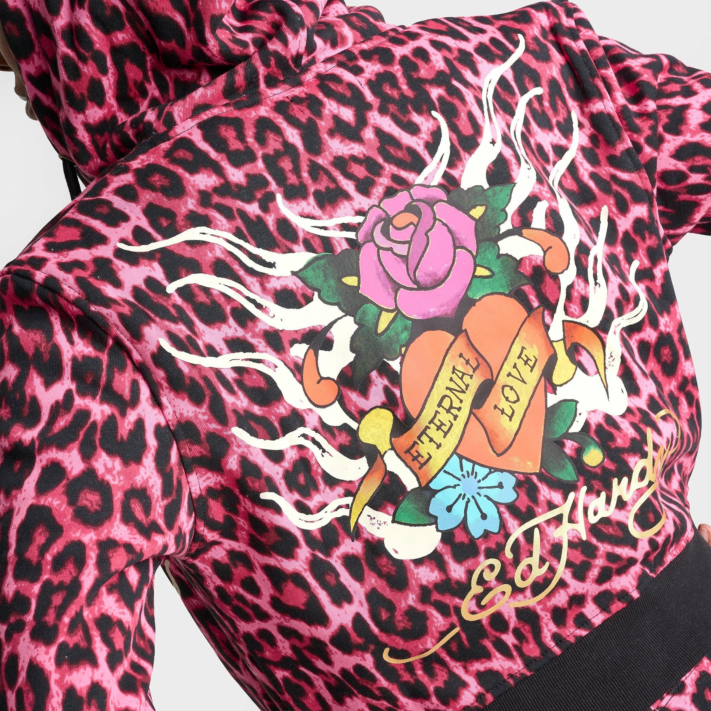 Women's Ed Hardy Pink Panther Leopard Relaxed Full-Zip Hoodie