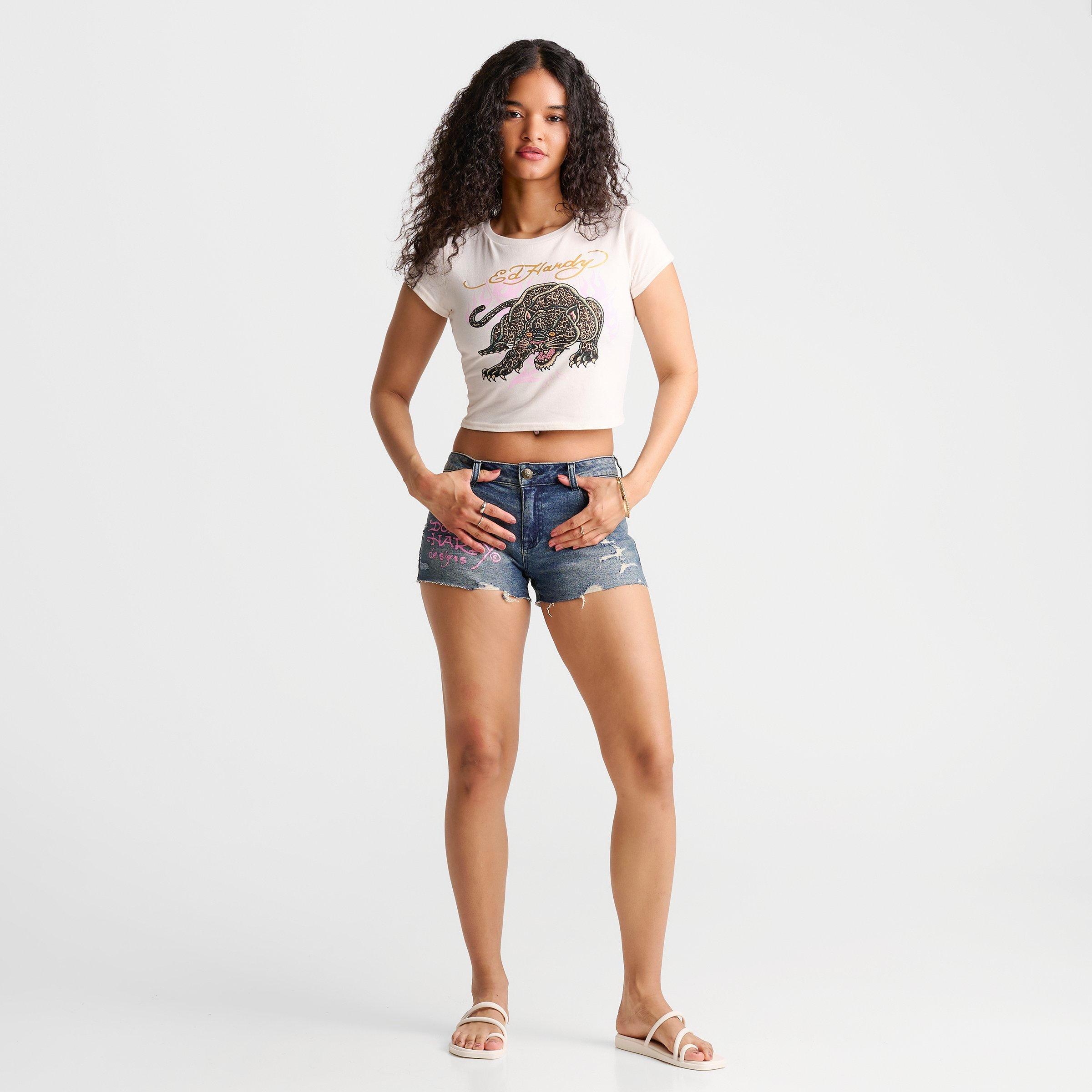 Women's Ed Hardy Love Kills Slowly Denim Mini Shorts