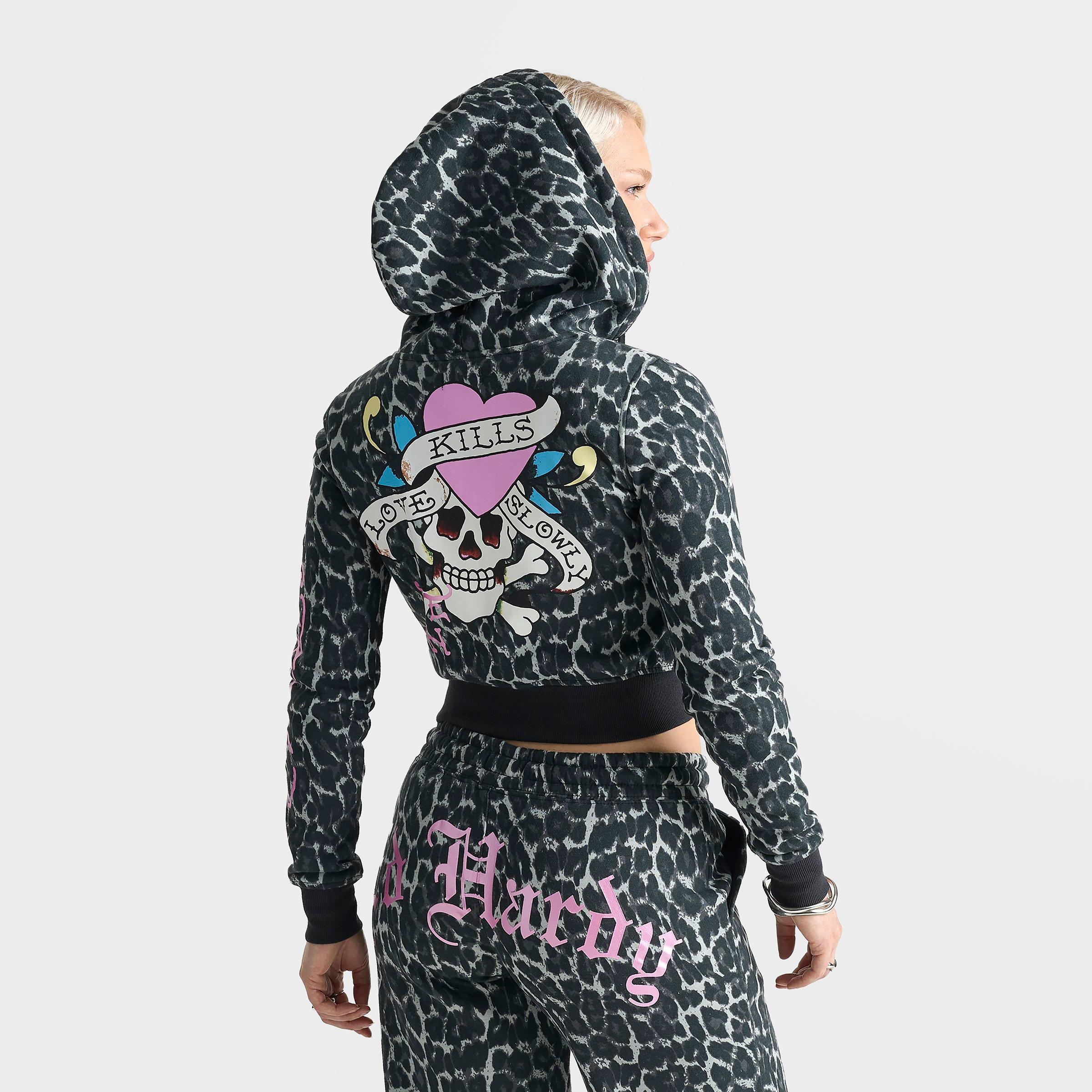 Women's Ed Hardy "Love Kills Slowly" Skull Cropped Full-Zip Fleece Hoodie