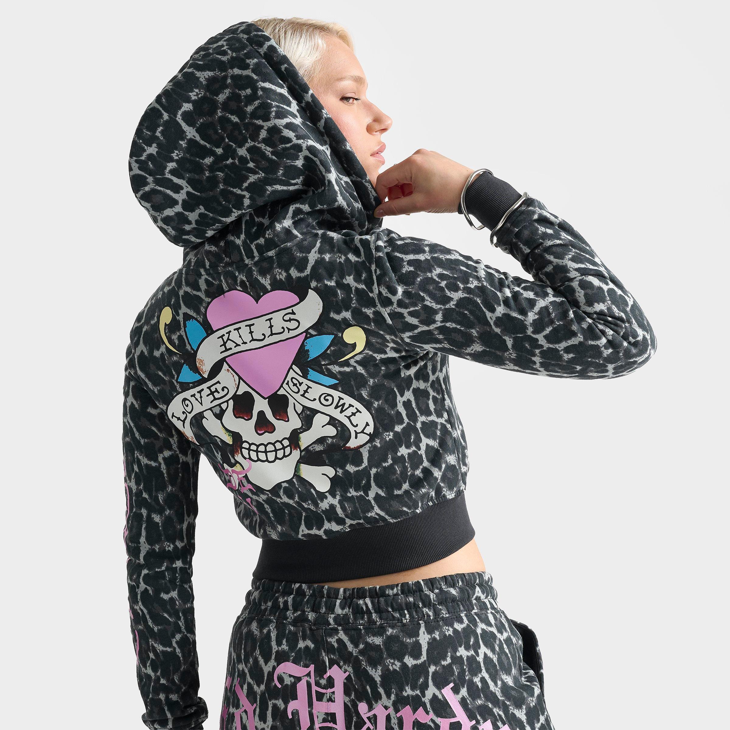 Women's Ed Hardy "Love Kills Slowly" Skull Cropped Full-Zip Fleece Hoodie