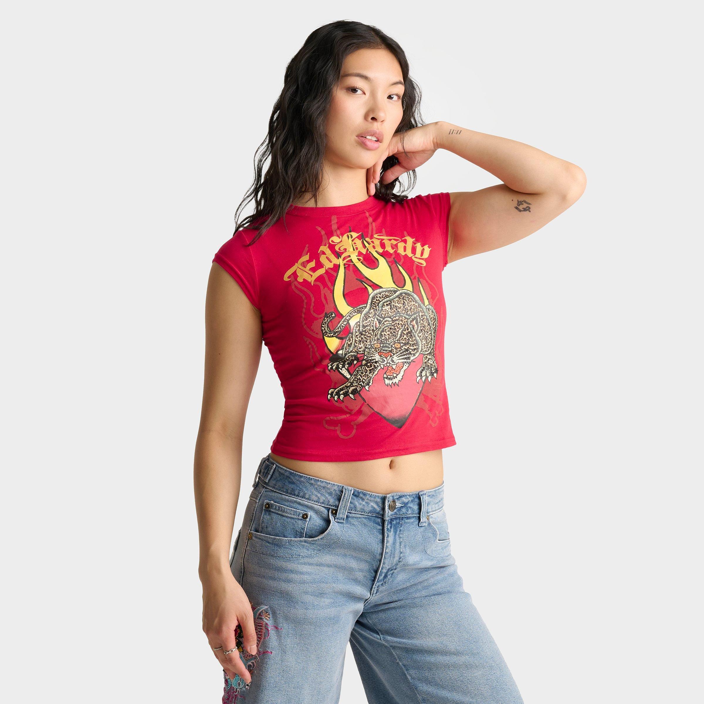 Women's Ed Hardy Leopard Panther Cap Sleeve Baby T-Shirt