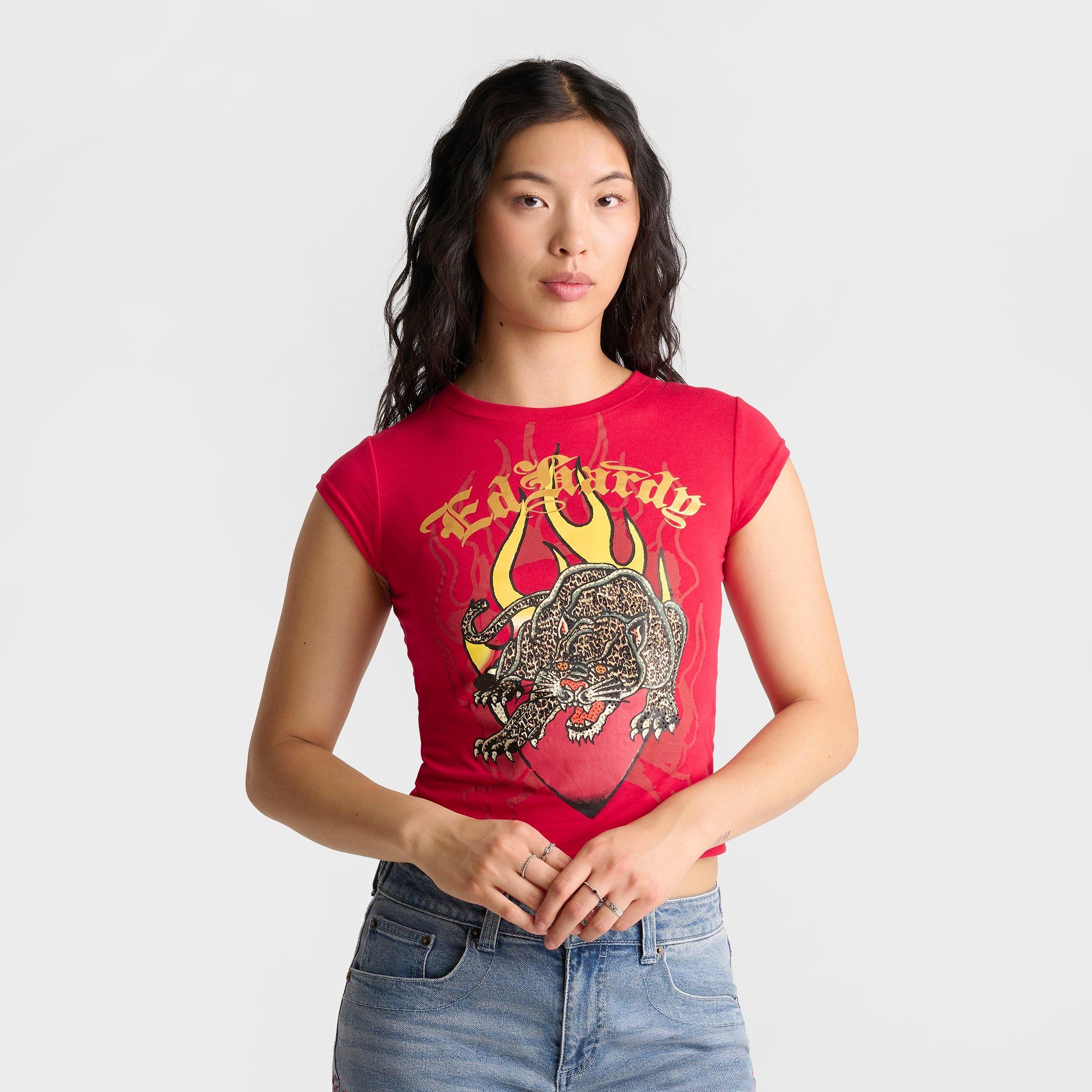 Women's Ed Hardy Leopard Panther Cap Sleeve Baby T-Shirt
