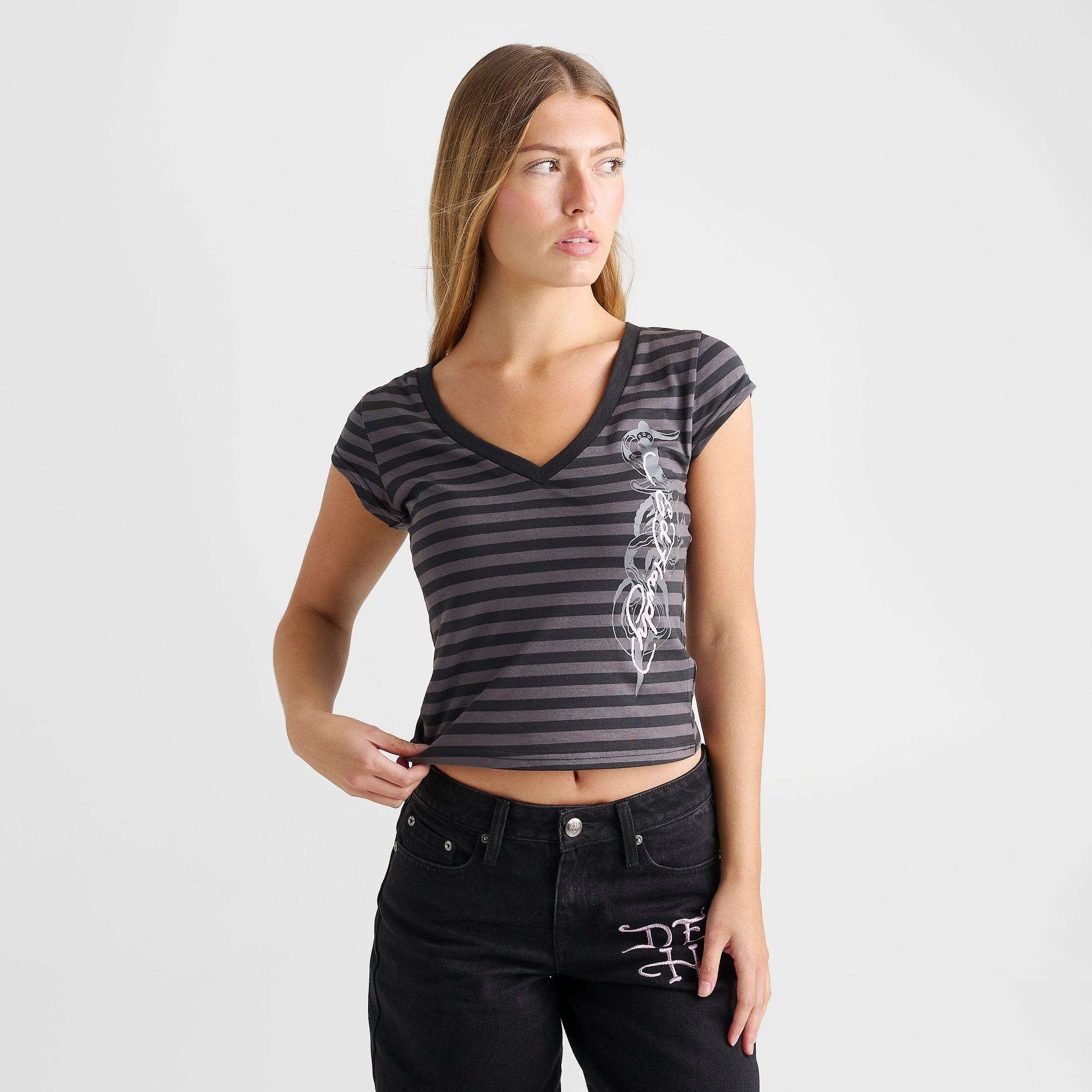 Women's Ed Hardy Striped Dagger Slim Crop V-Neck T-Shirt