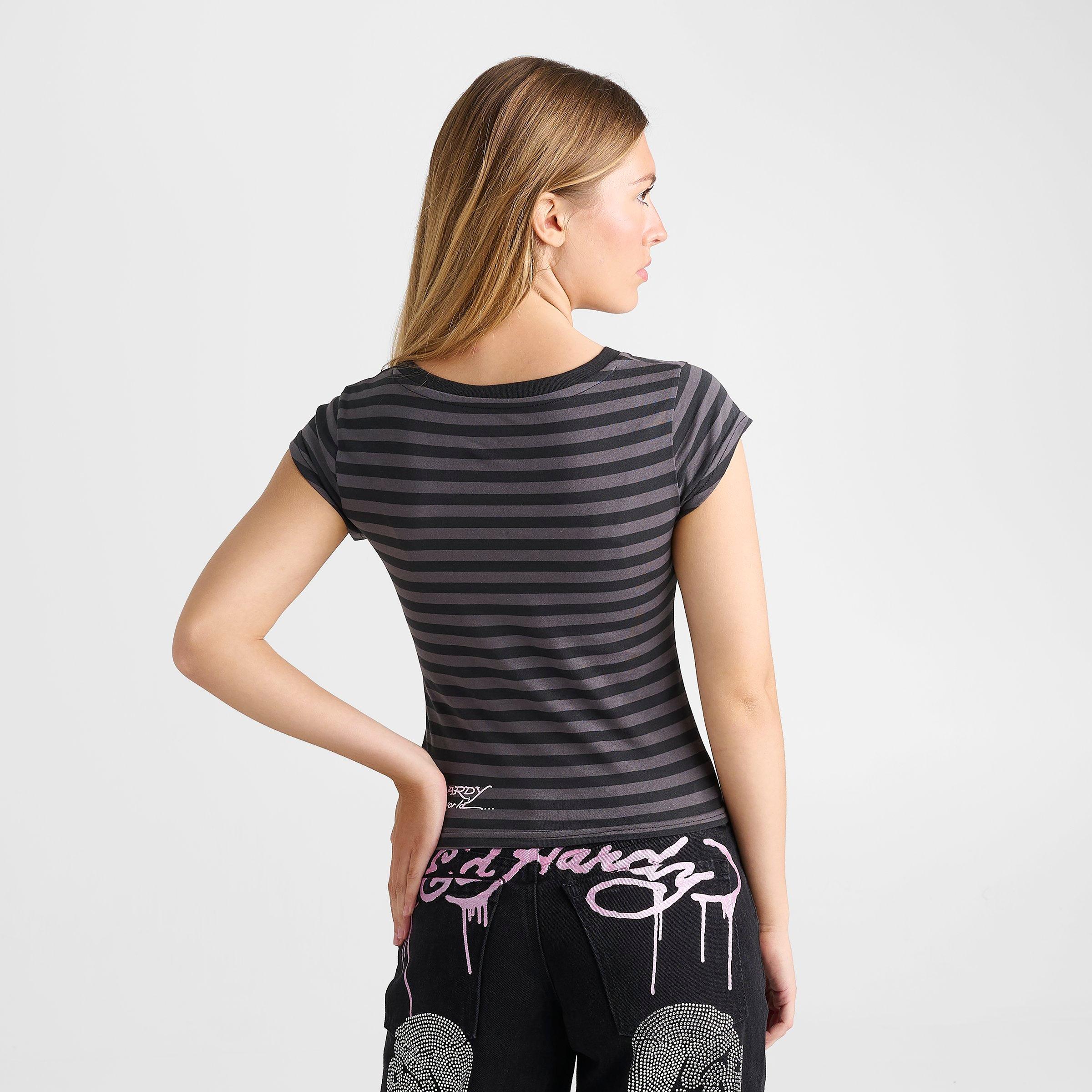 Women's Ed Hardy Striped Dagger Slim Crop V-Neck T-Shirt