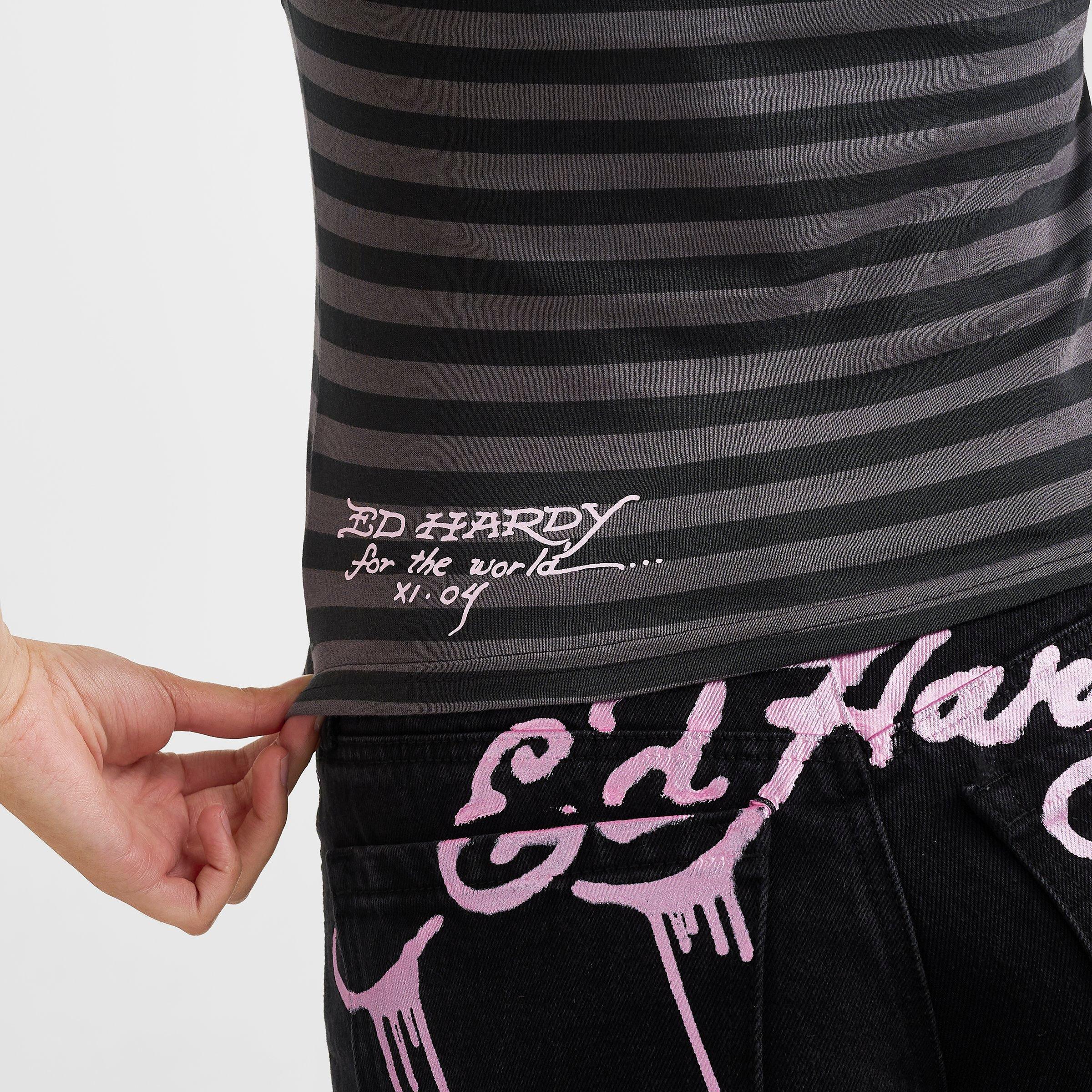 Women's Ed Hardy Striped Dagger Slim Crop V-Neck T-Shirt