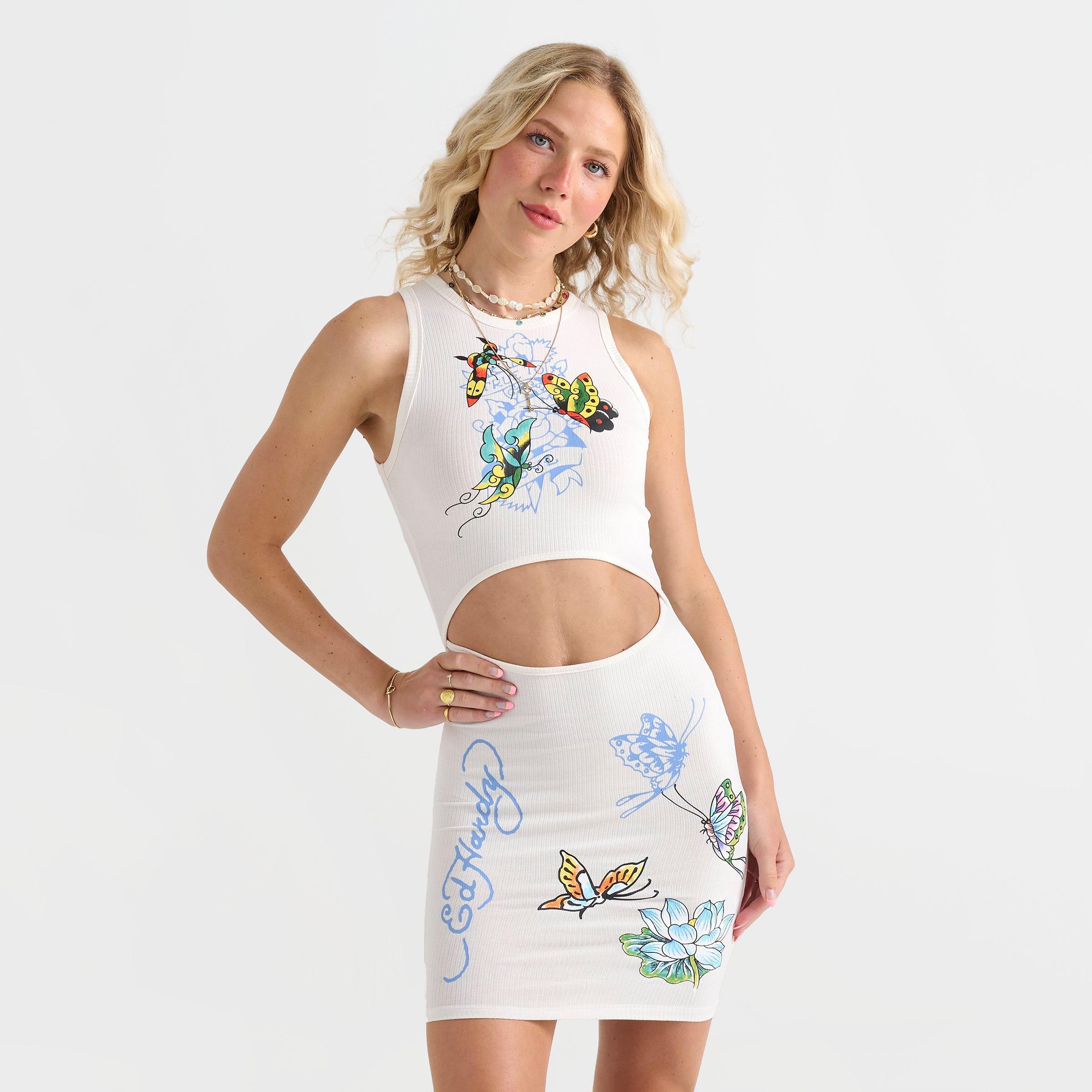 Women's Ed Hardy Butterflies Cut-Out Rib Tank Dress