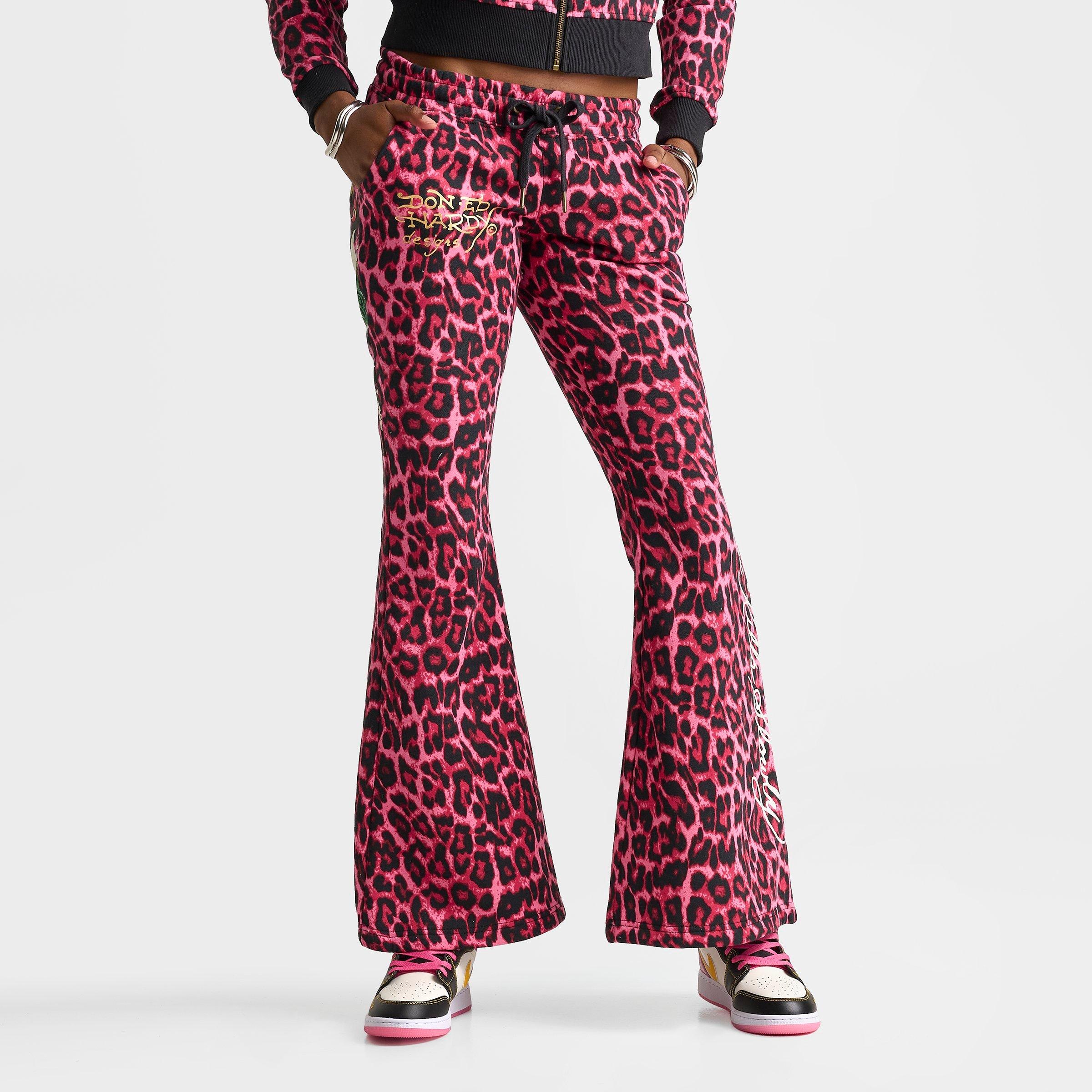Women's Ed Hardy Pink Panther Leopard Bootcut Fleece Pants