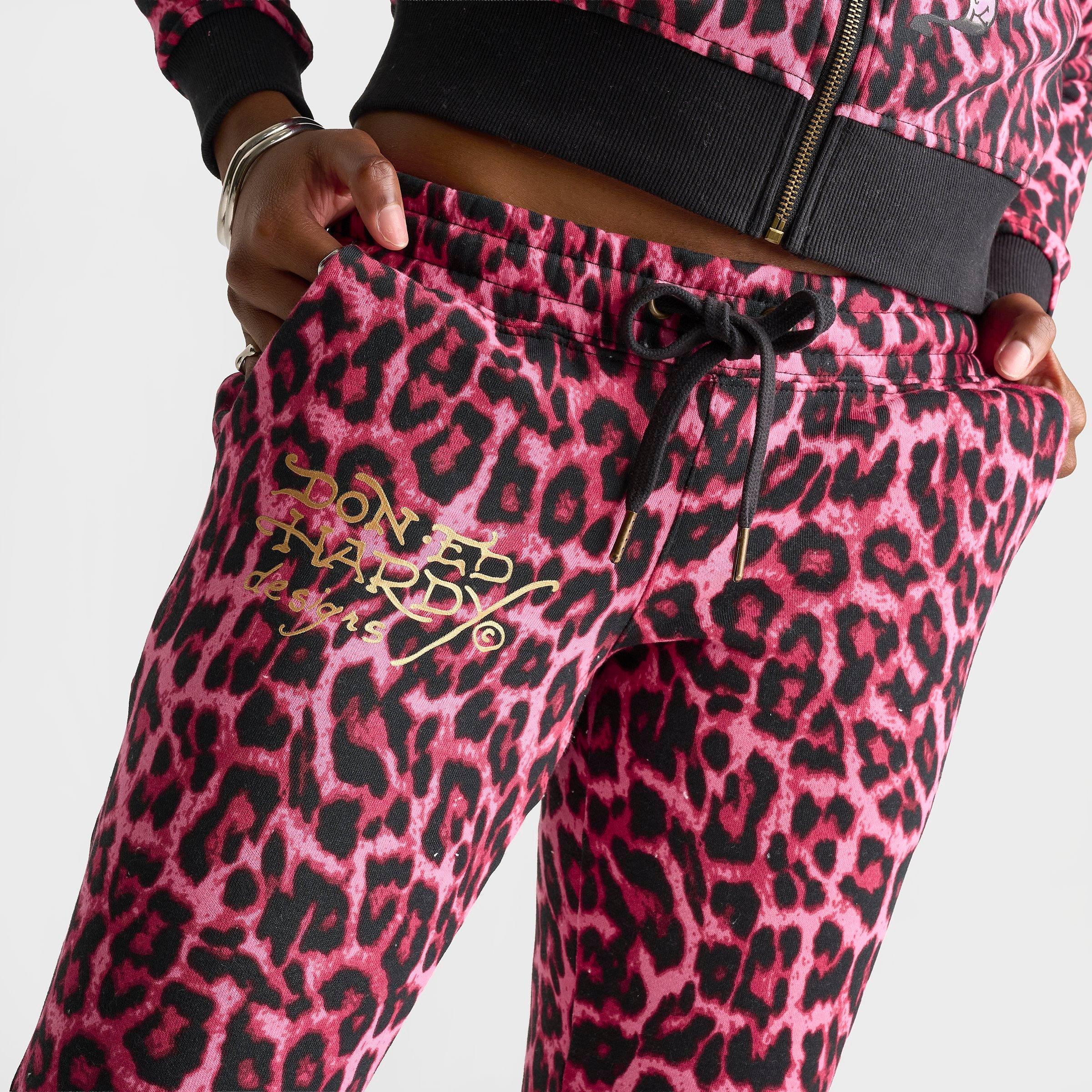 Women's Ed Hardy Pink Panther Leopard Bootcut Fleece Pants