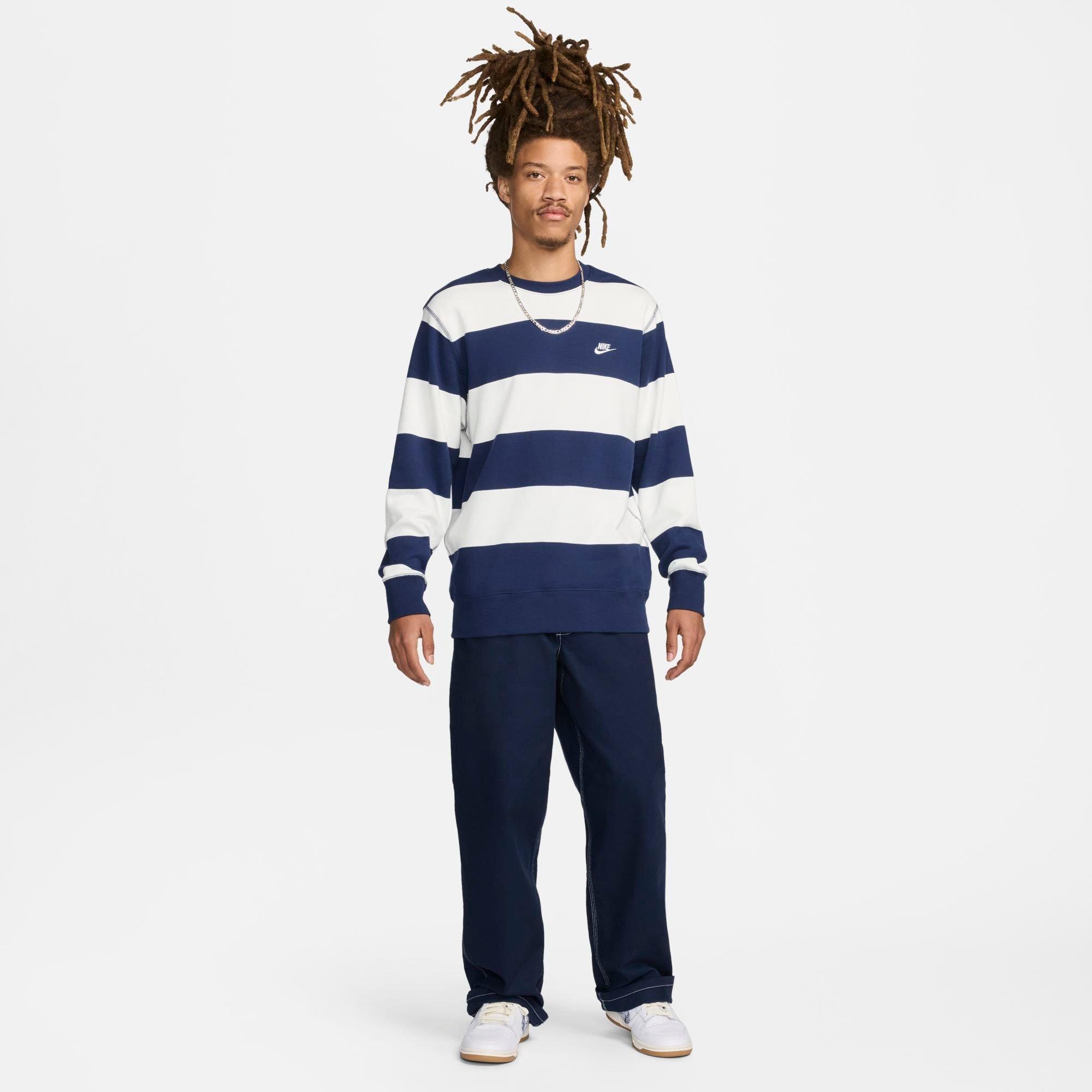 Men's Nike Club Fleece Striped Heavyweight French Terry Crewneck Sweatshirt