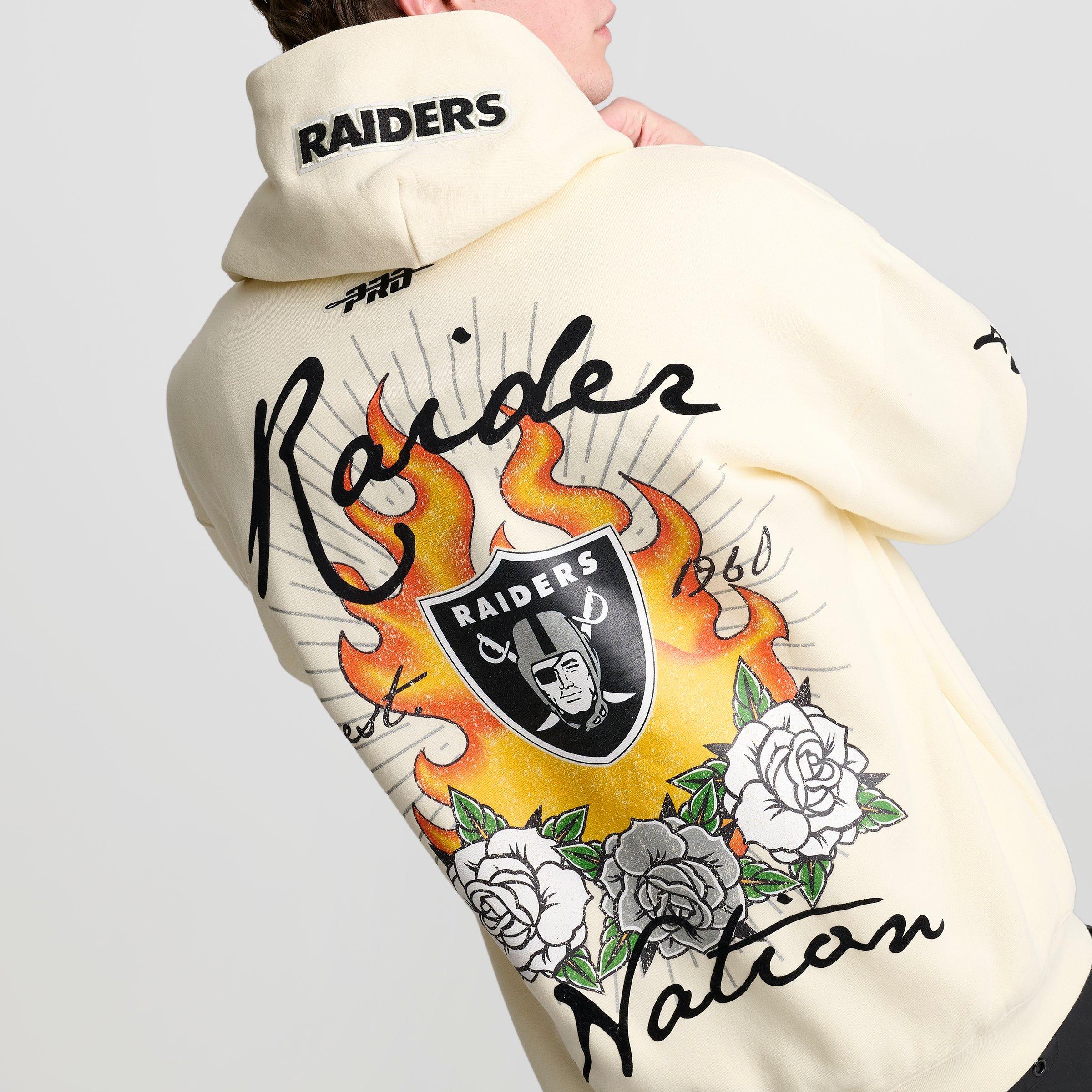 Men's Pro Standard Las Vegas Raiders NFL Fire and Roses Drop Shoulder Pullover Hoodie