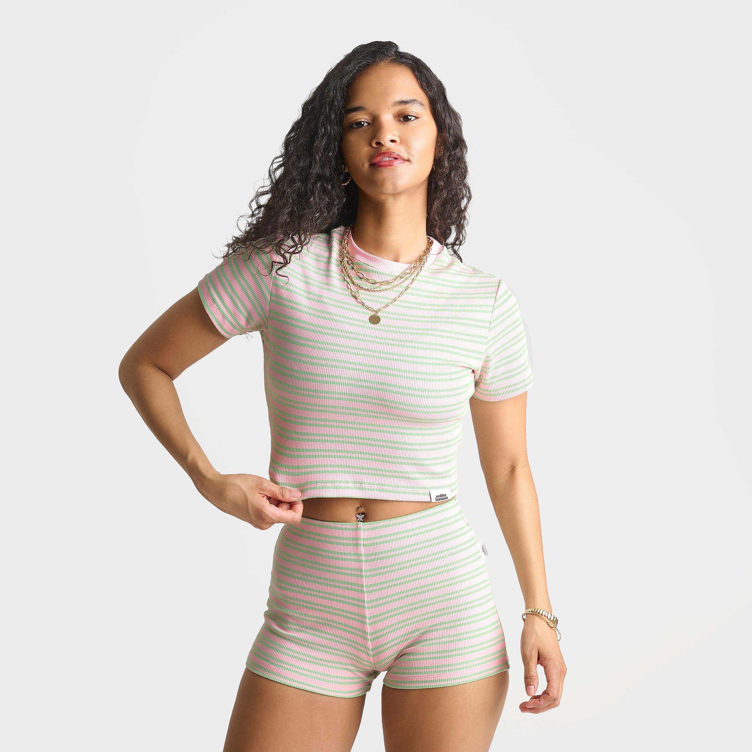 Women's Unlike Humans Ribbed Striped Baby T-Shirt