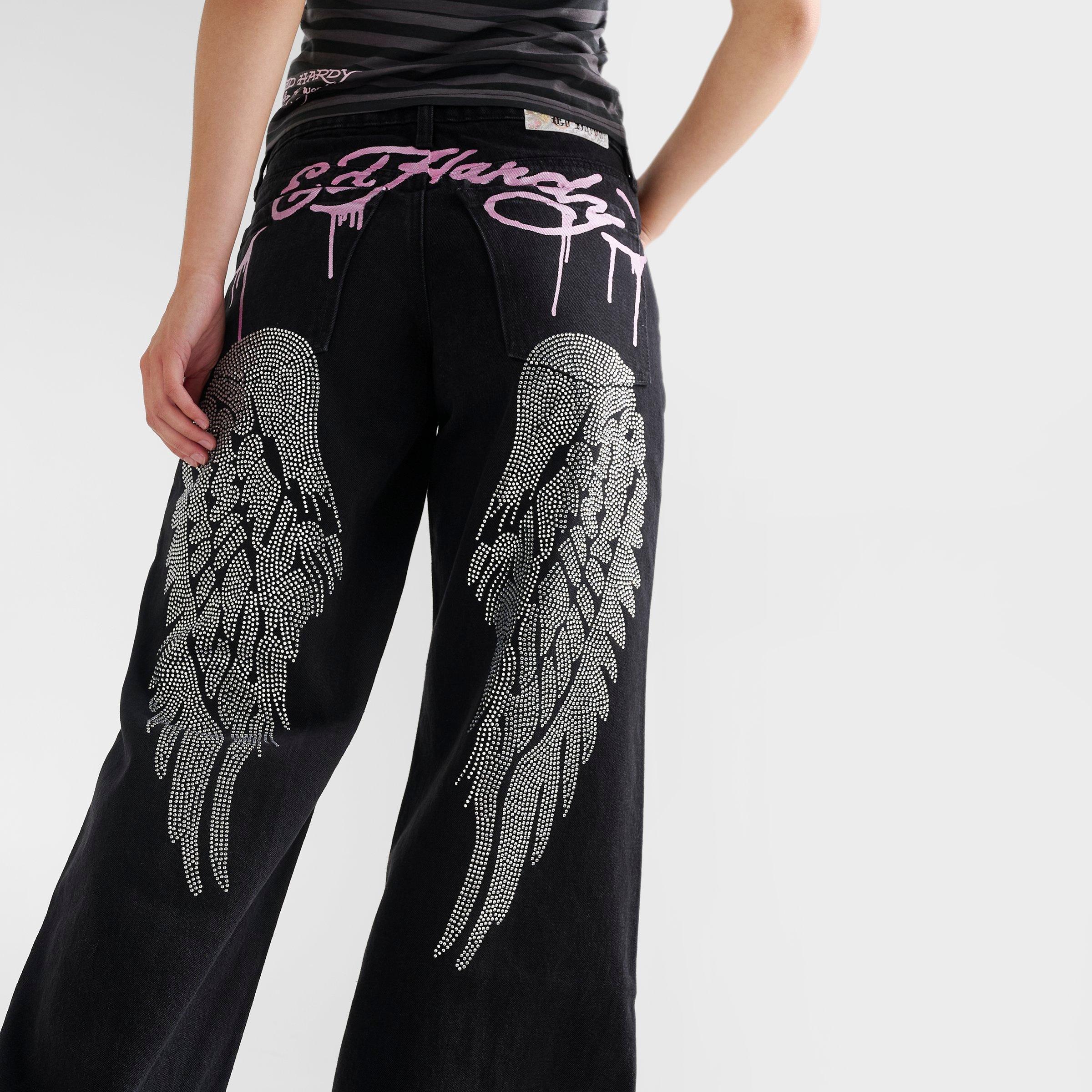 Women's Ed Hardy Rhinestone Angel Super Baggy Jeans