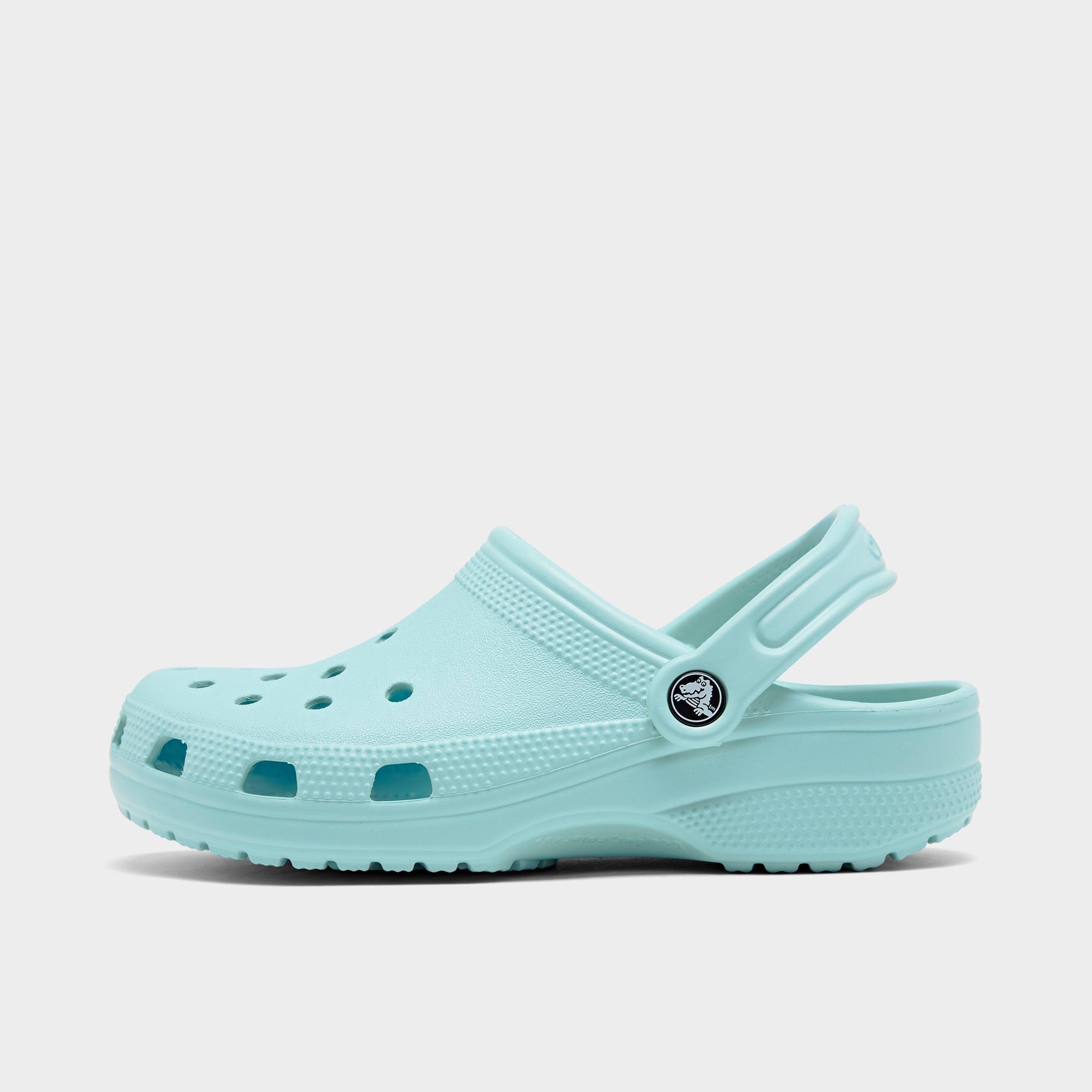 blue and white tie dye crocs