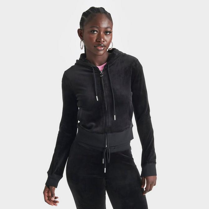 Juicy Couture Sweatshirt Womens Large Black Cropped Top Half Zip