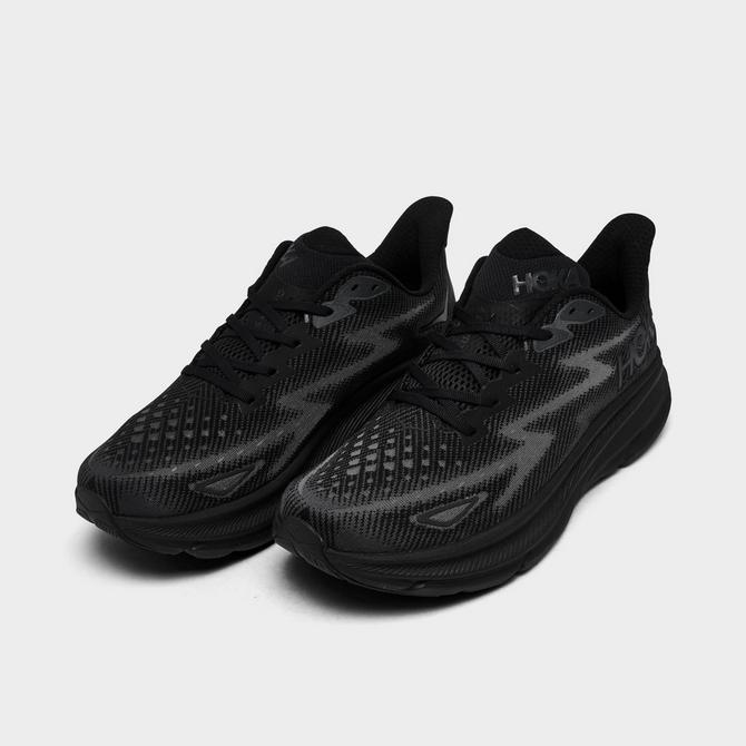 Three Quarter view of Men's HOKA Clifton 9 Running Shoes in Black/Black Click to zoom