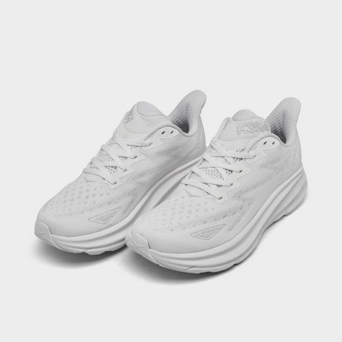 Three Quarter view of Women's HOKA Clifton 9 Running Shoes in White/White Click to zoom