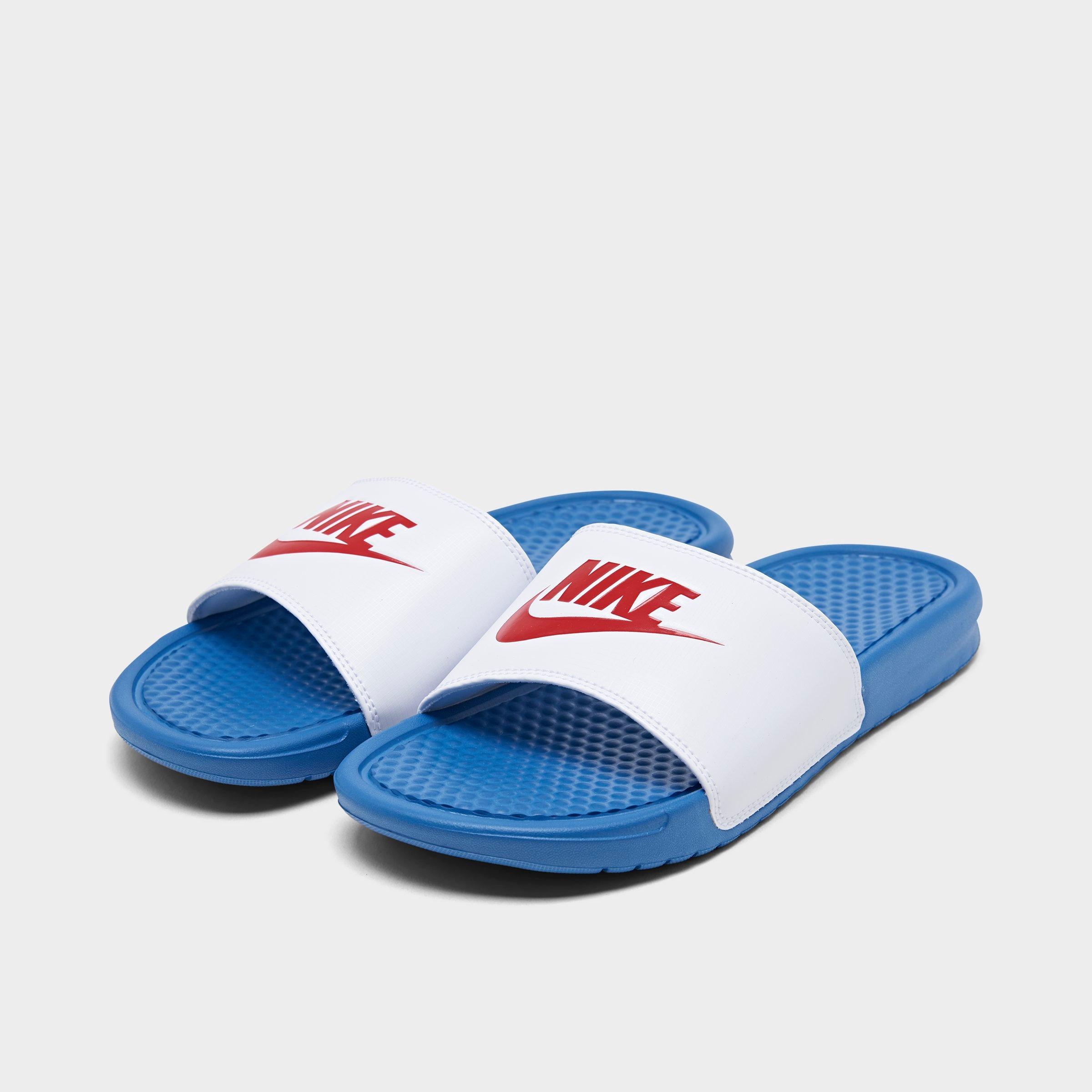 red white and blue nike slides