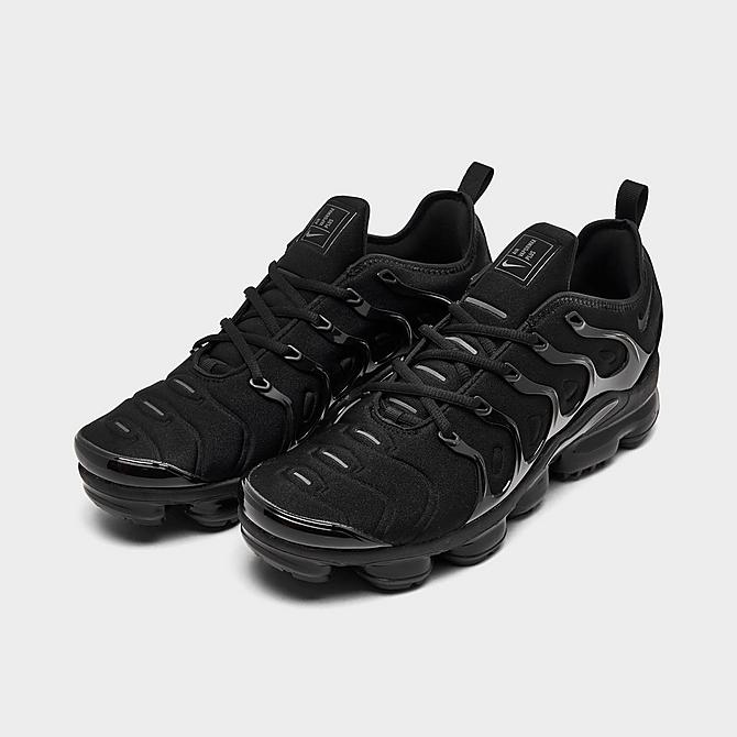 Three Quarter view of Men's Nike Air VaporMax Plus Running Shoes in Black/Black/Dark Grey Click to zoom