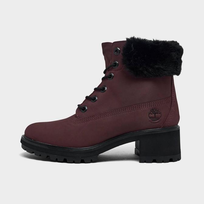 Burgundy timberlands with store fur