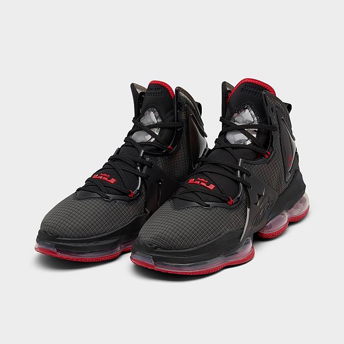 Three Quarter view of Nike LeBron 19 Basketball Shoes in Black/Black/University Red Click to zoom